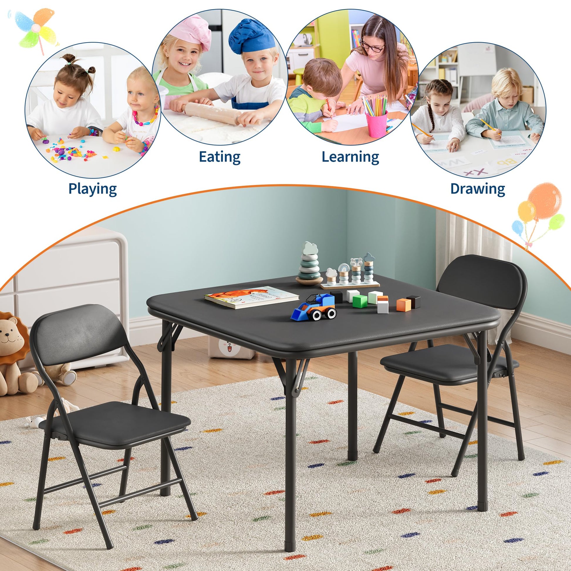 Set tavolo e sedie pieghevoli per bambini Garvee da 3 pezzi, pieghevoli con similpelle, per sala giochi e uso esterno, leggeri e sicuri