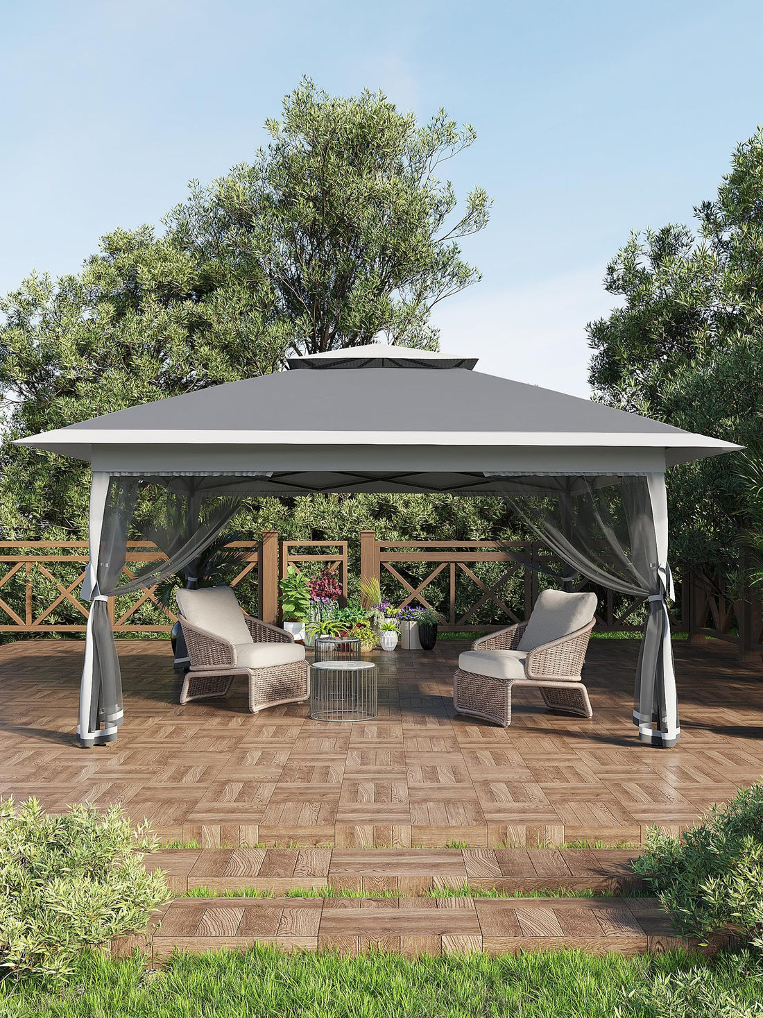 Gazebo pieghevole Garvee 13x13FT con zanzariera, struttura in acciaio robusto, giardino e patio, argento