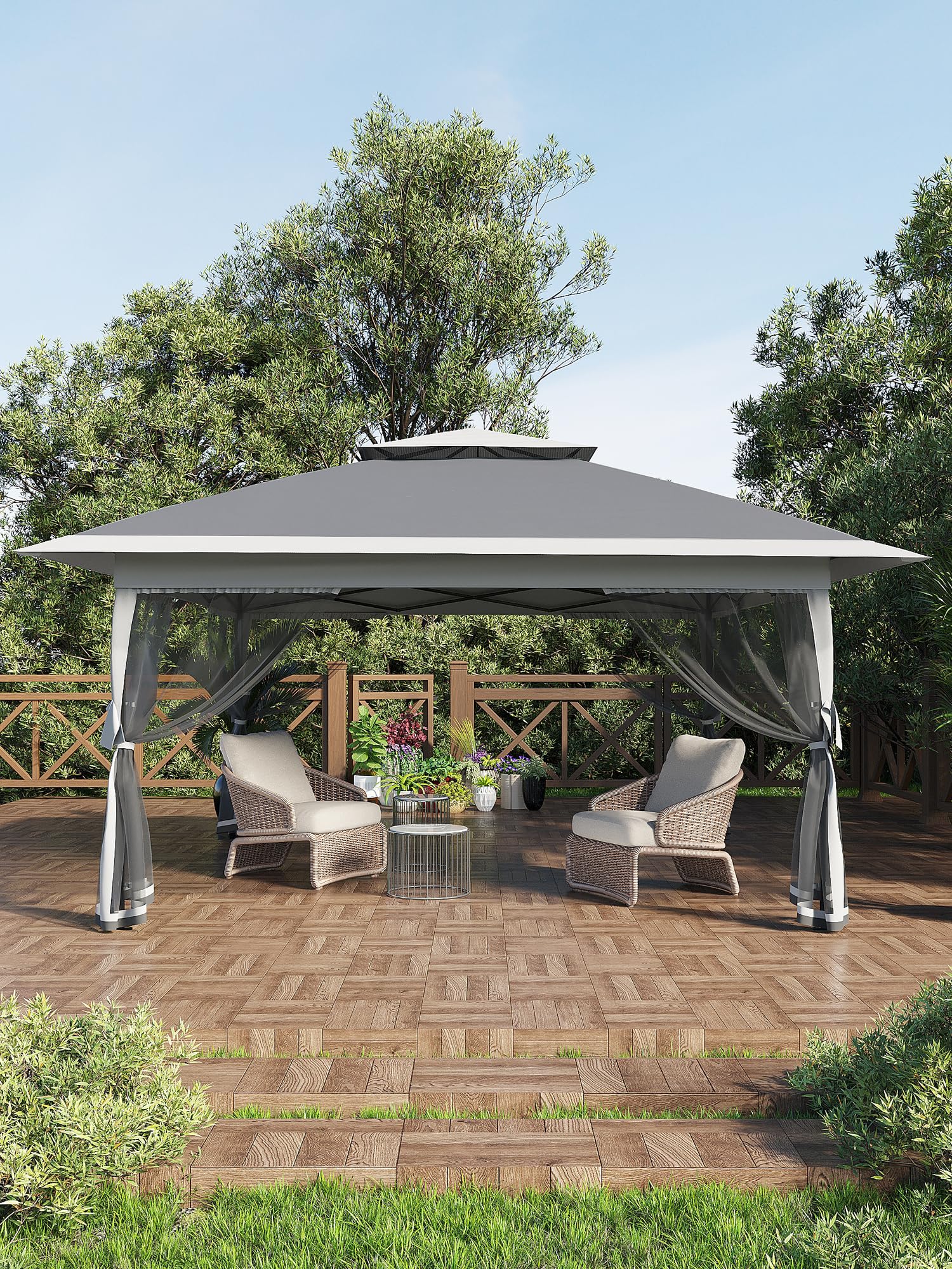 Gazebo pieghevole Garvee 13x13FT con zanzariera, struttura in acciaio robusto, giardino e patio, argento