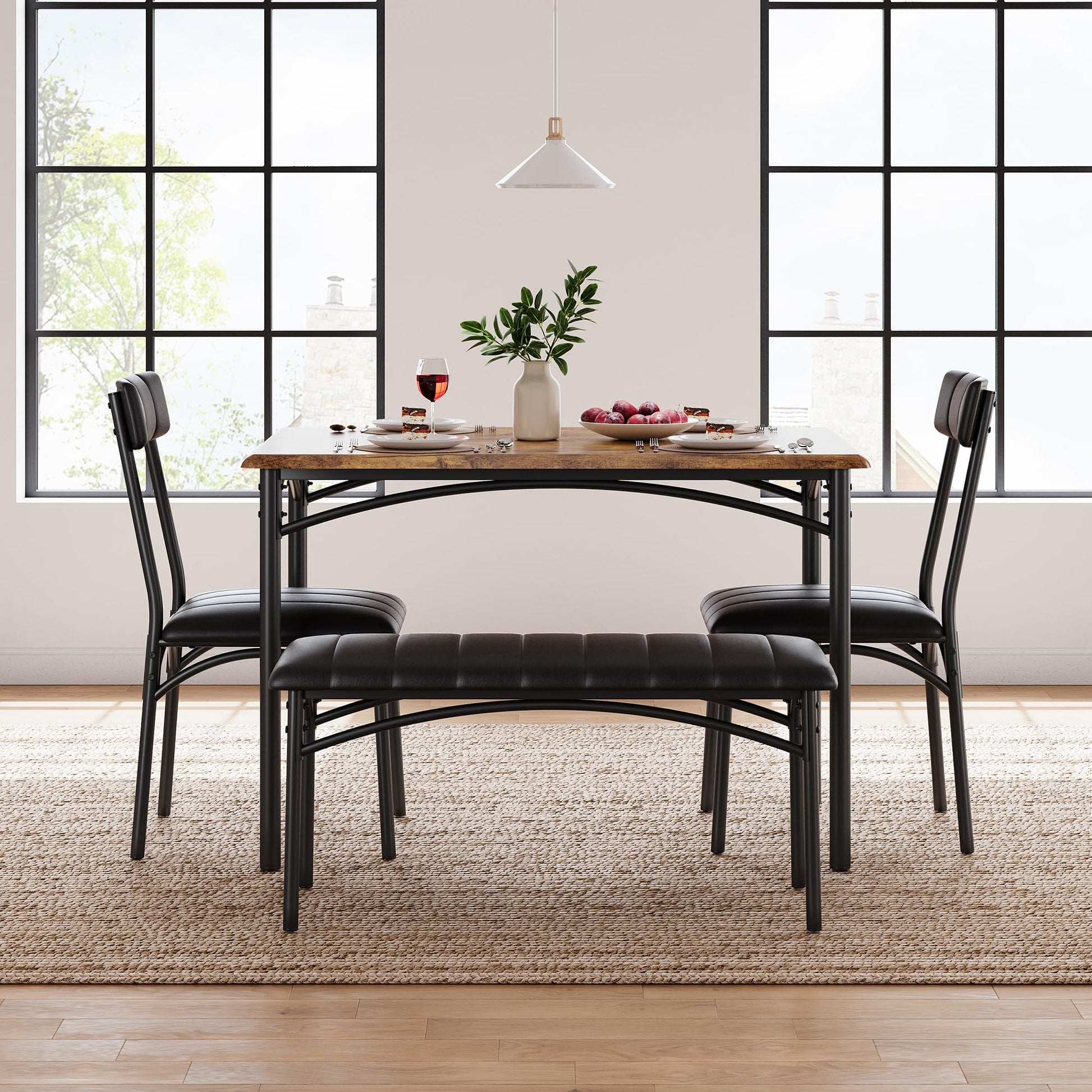 Set da pranzo Garvee per 4 persone con panca e sedie imbottite, robusto, salvaspazio, marrone, ideale per stanze piccole