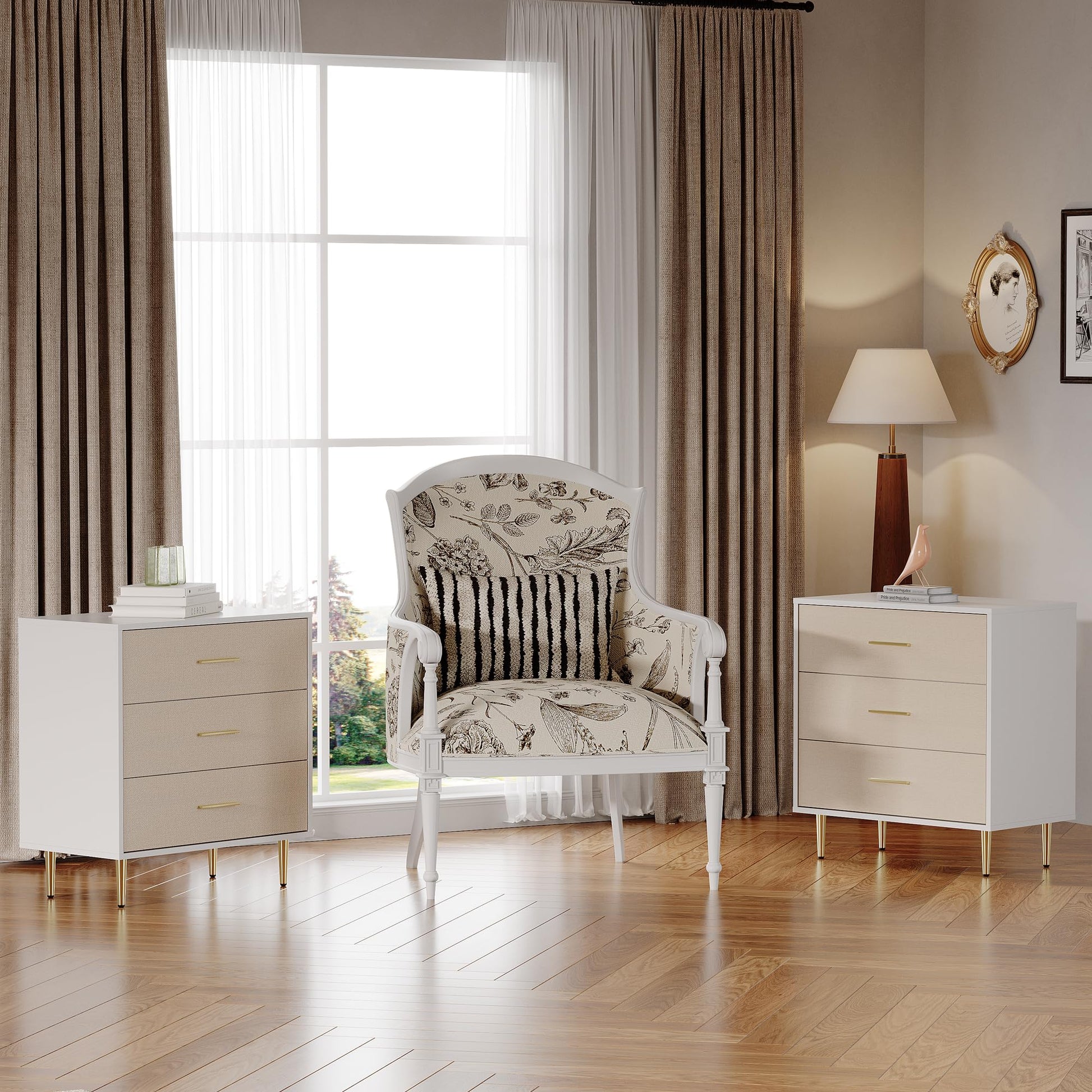 Elegante cassettiera Garvee a 3 cassetti, bianca con dettagli dettagliati, per camera da letto e soggiorno, design minimalista, struttura robusta
