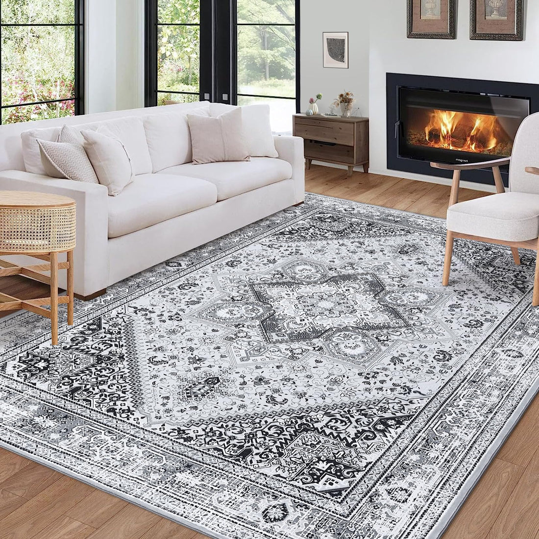 Tappeto tribale persiano GARVEE 200x290cm grigio, lavabile, antiscivolo, morbido, grande, stampato, non felpato, soggiorno e camera da letto