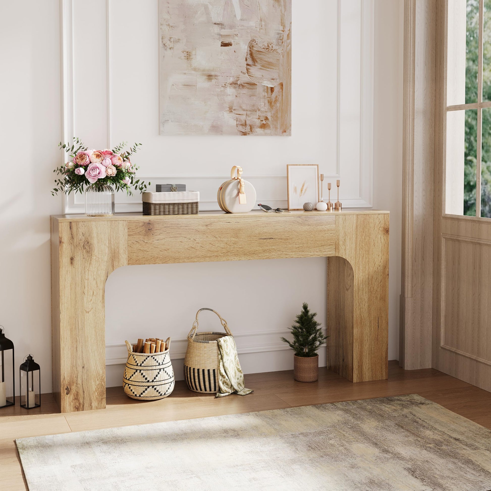 Tavolo consolle Garvee da 63 pollici in stile rustico, tavolo da divano in legno, robusto, sottile, per corridoio, soggiorno, marrone rustico