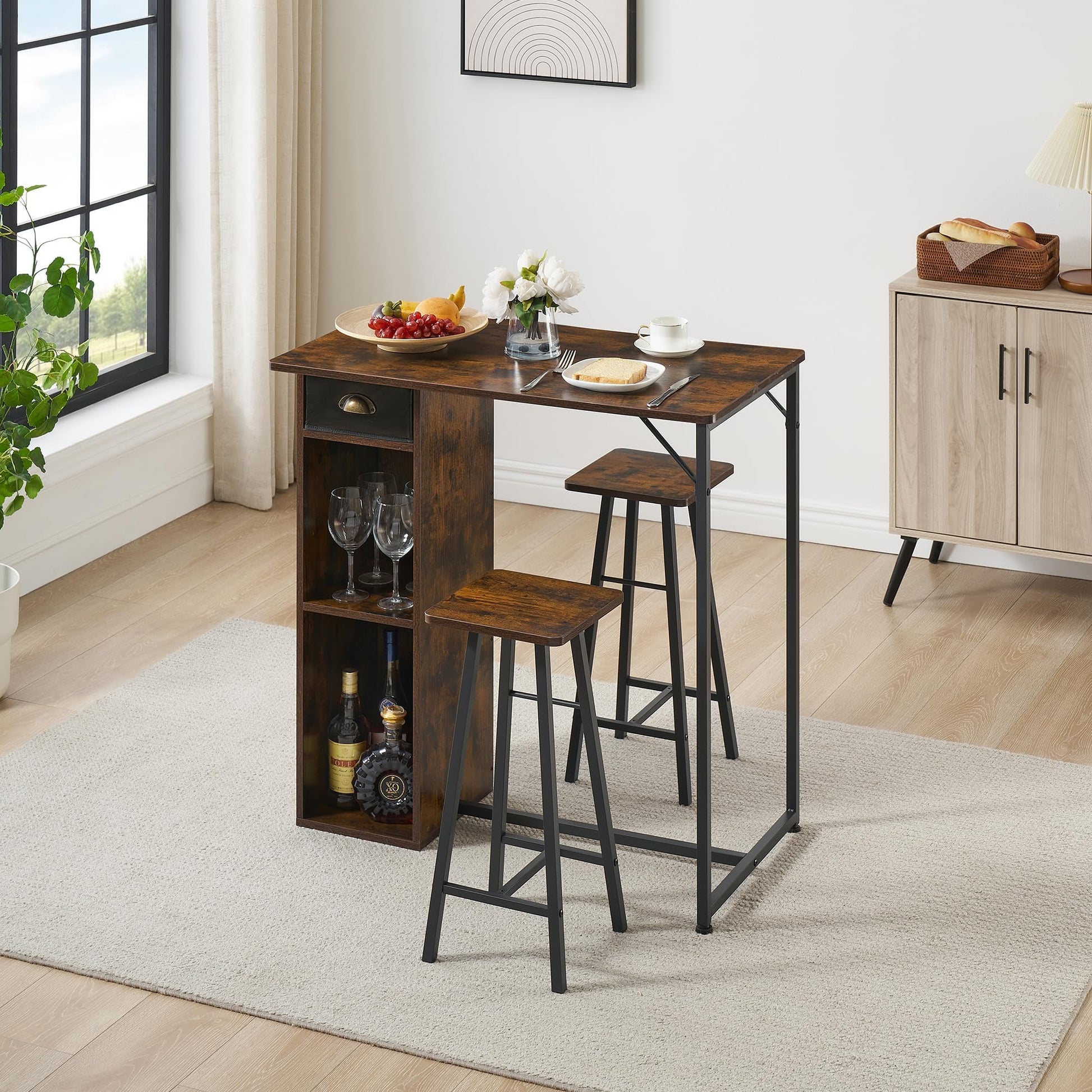 Set tavolo e sedie da bar Garvee con triplo spazio di archiviazione, set da bistrot per 2 persone, robusta struttura in ferro, piano in MDF, cuscini ergonomici, compatto per cucina e bistrot