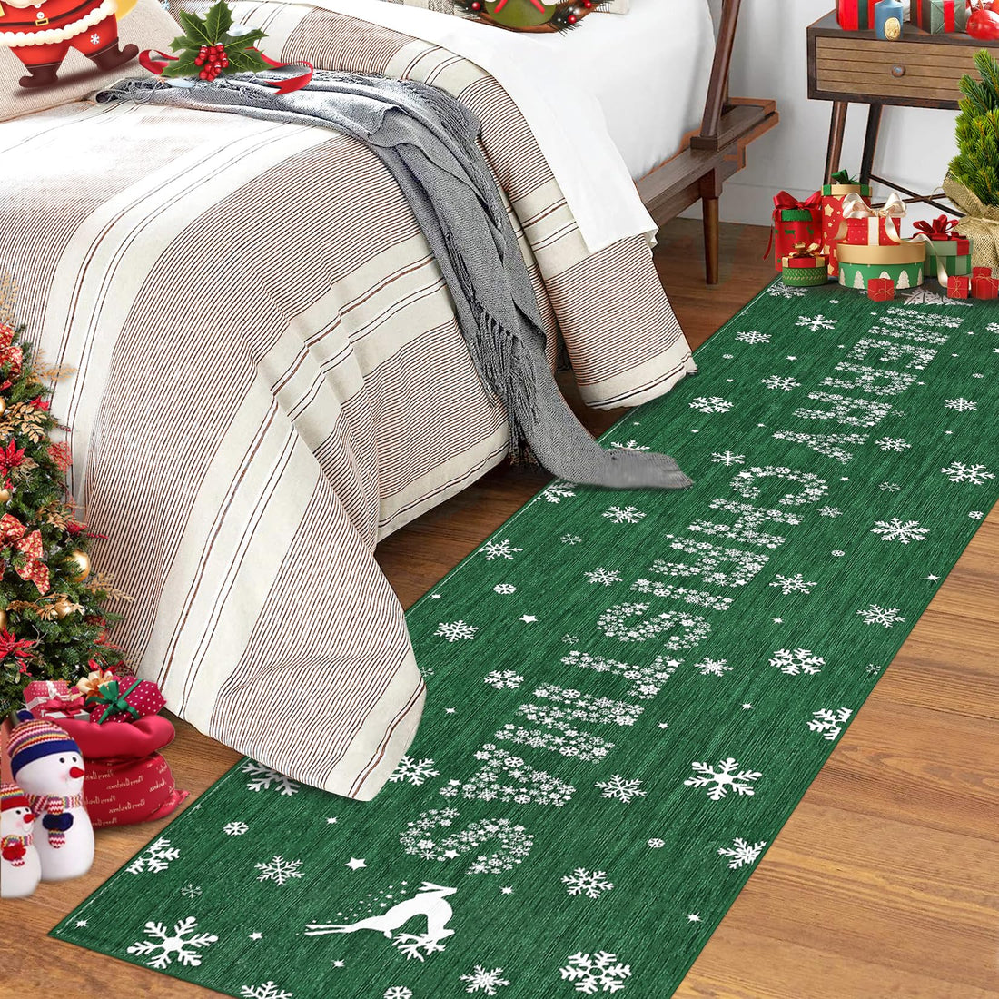 Tappeto natalizio Garvee con alce, albero di Natale, fiocco di neve per corridoio, soggiorno, cucina 80x150 cm verde