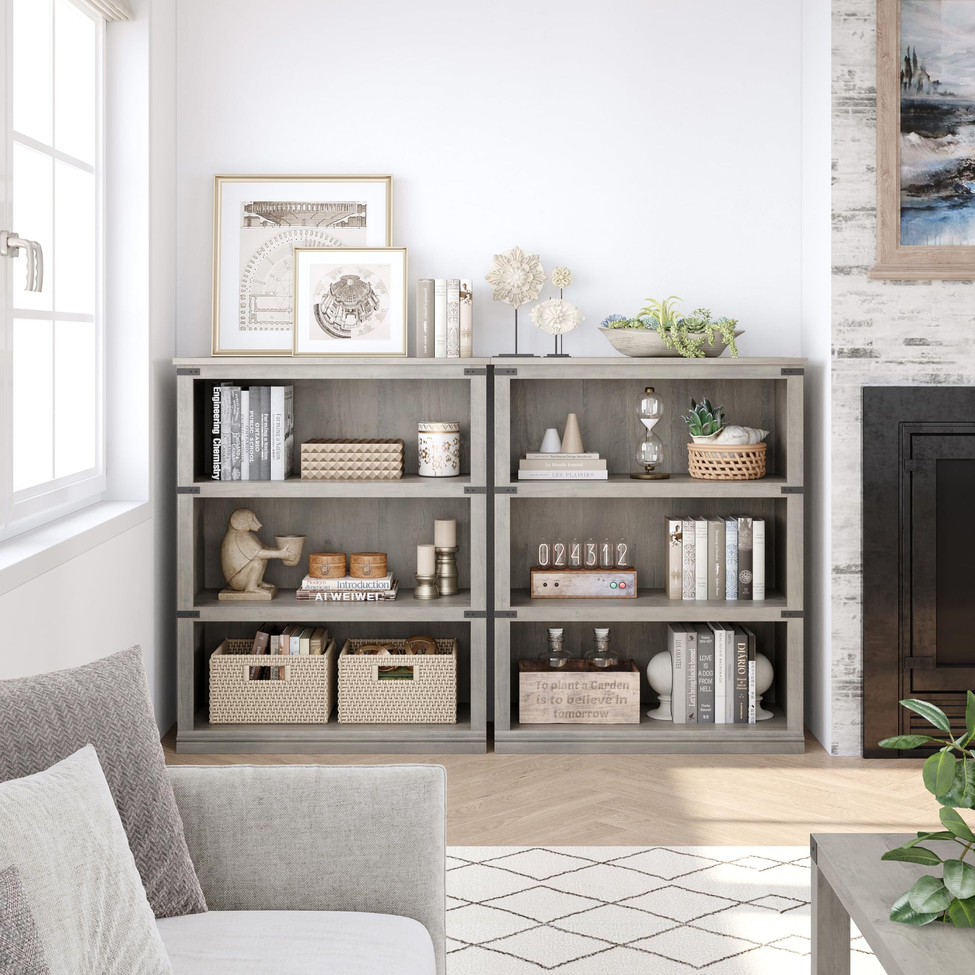 Libreria Garvee Triple Wide a 4 ripiani, grande, robusta, in legno industriale grigio, 40" H x 31,5" W x 12,2" D, soggiorno