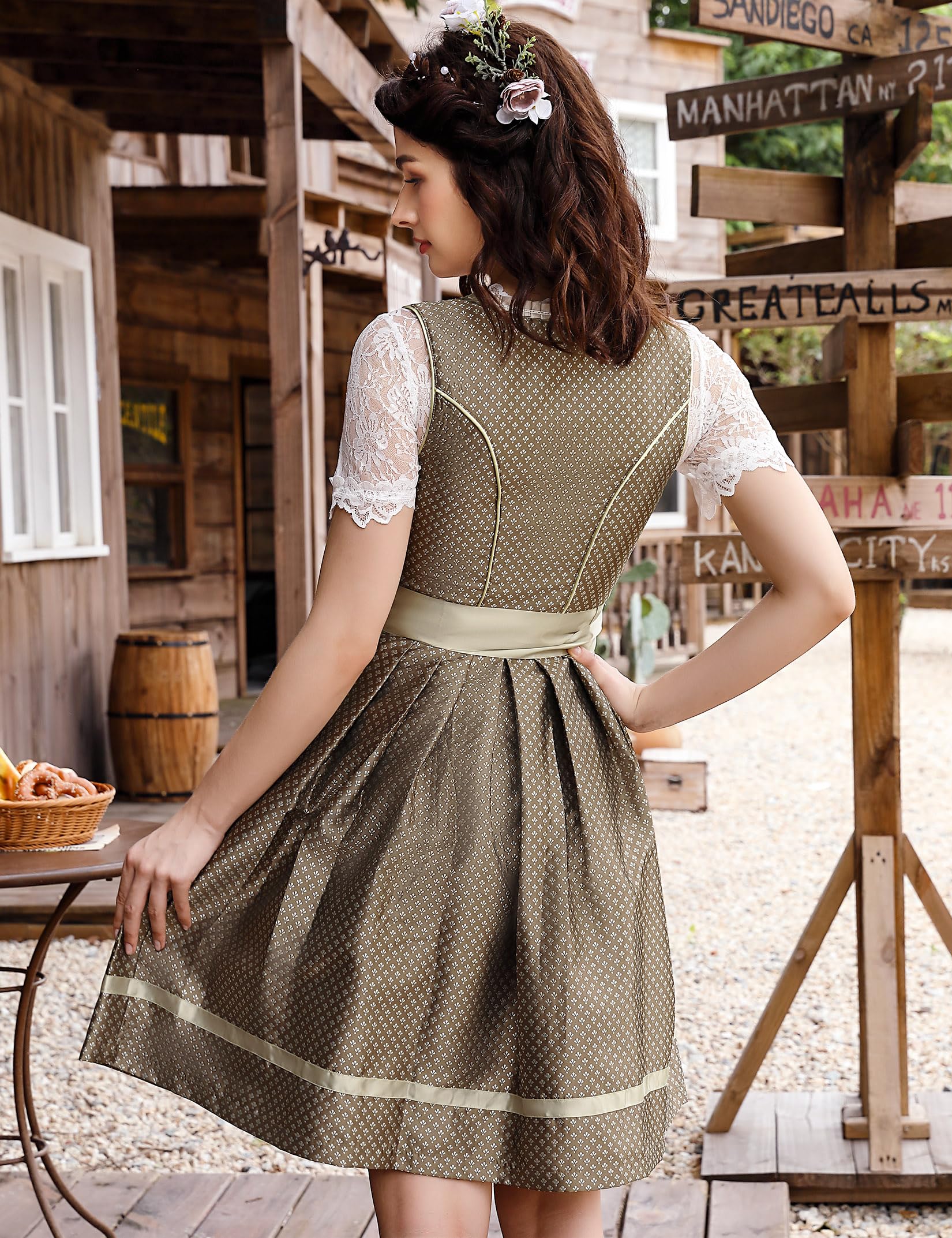 Abito tradizionale da donna Garvee, Dirndl midi, tre pezzi, verde kaki, taglia 34, per l'Oktoberfest