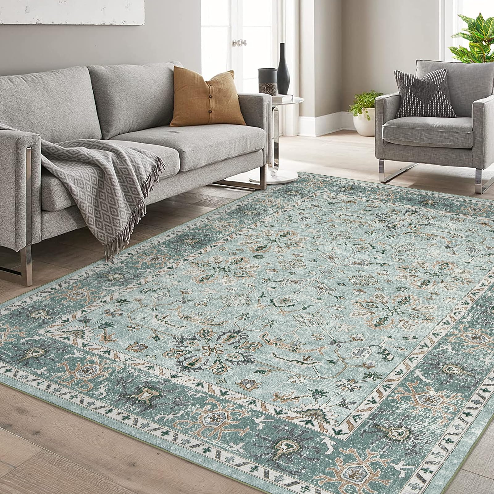 Tappeti Garvee lavabili a pelo corto per soggiorno, camera da letto, sala da pranzo, 120x170 cm, stampa boho vintage, cotone cashmere, bianco
