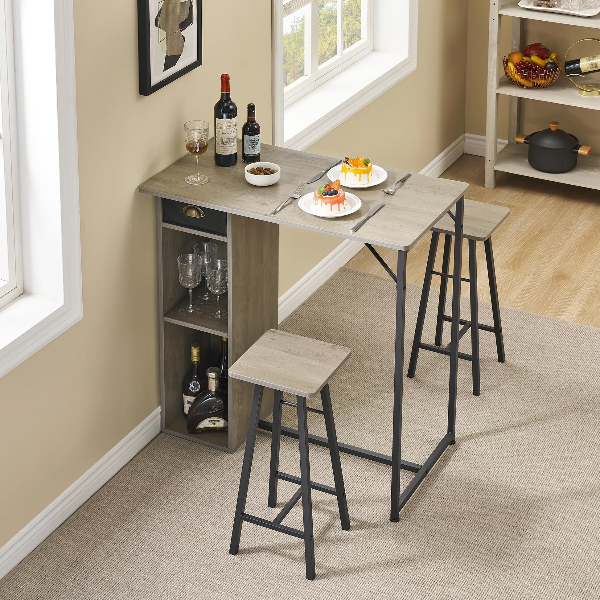 Set tavolo e sedie da bar rustico Garvee, 3 pezzi con contenitore, cuscini ergonomici, struttura in metallo per appartamento e bar, compatto, impermeabile