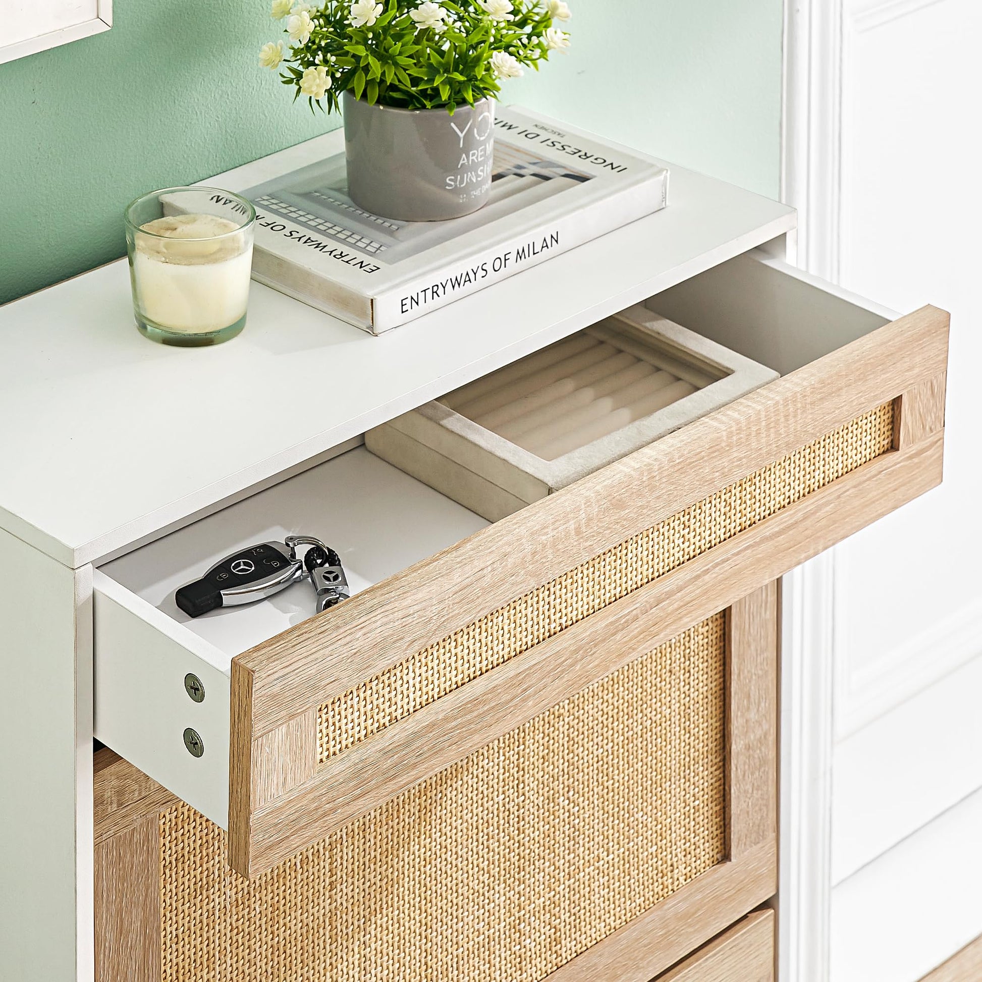 Scarpiera Garvee in rattan con 3 cassetti e ripiani regolabili per corridoio e ingresso, MDF e rattan, sottile, antiribaltamento, colore naturale