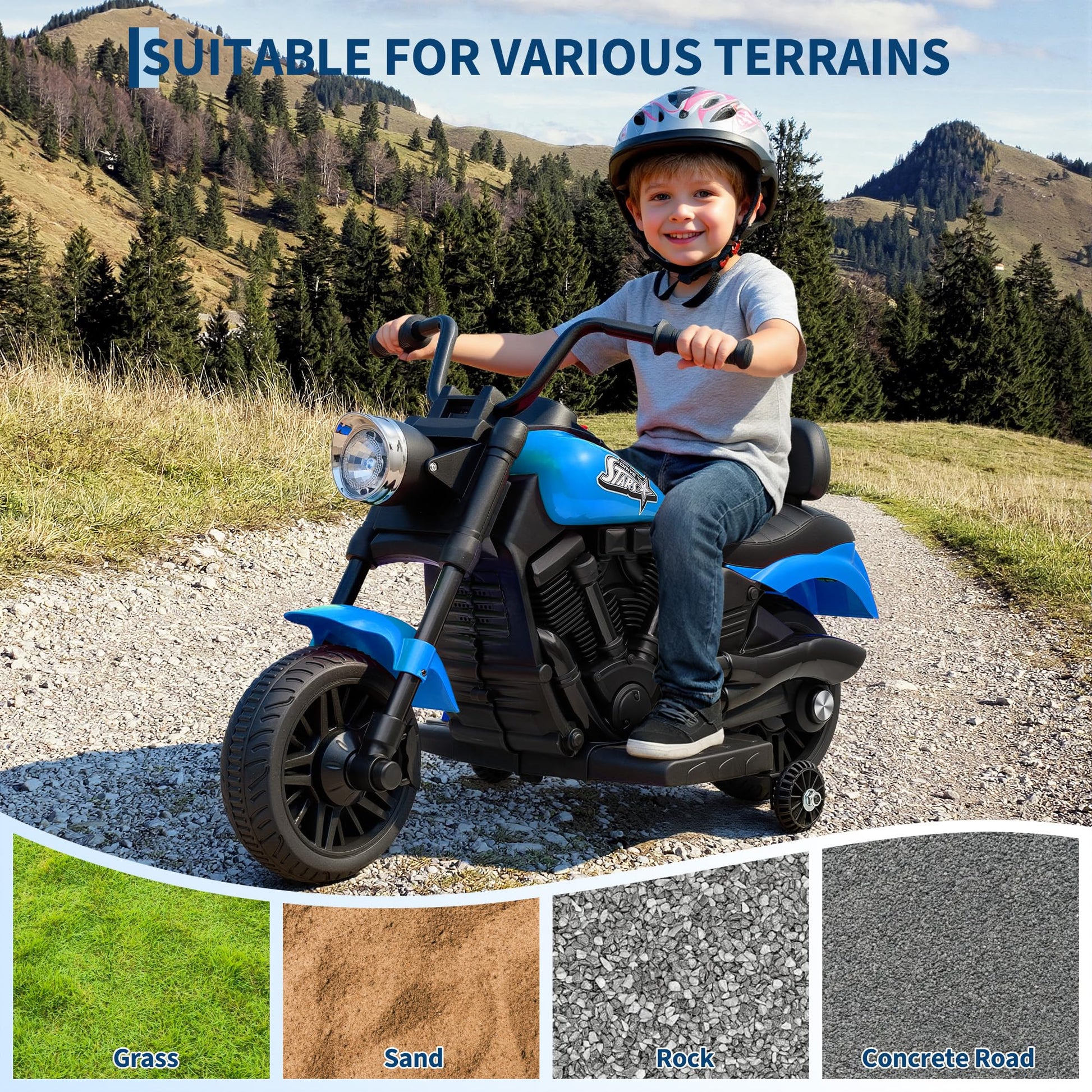 Moto elettrica Garvee 6V blu con avviamento graduale e sospensioni: la prima moto elettrica per bambini dai 2 anni per passeggiate sicure in giardino