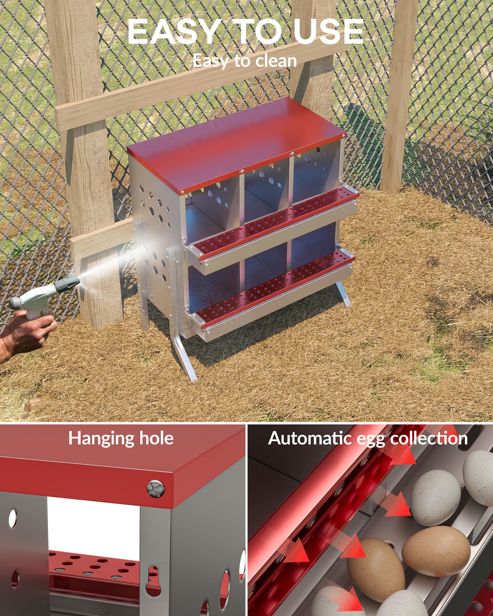 Nidi per galline Garvee, 6 scomparti, in metallo, impermeabili, antiruggine, con ventilazione, trespolo e vassoio portauova mobile per piccoli giardini