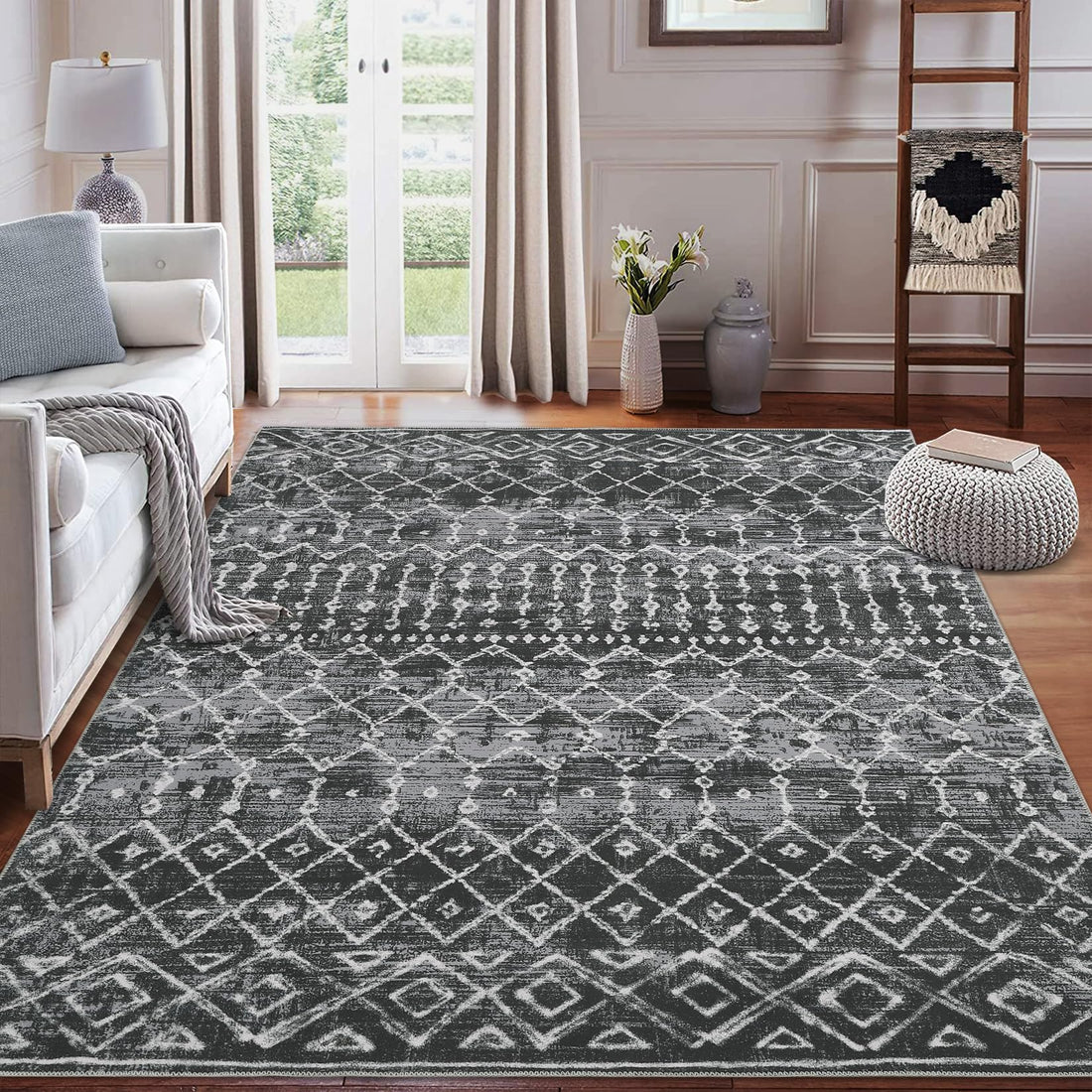 Tappeto GARVEE, motivo geometrico, antiscivolo, lavabile, pelo corto, poliestere, pieghevole, nero, 120x170 cm, soggiorno, camera da letto