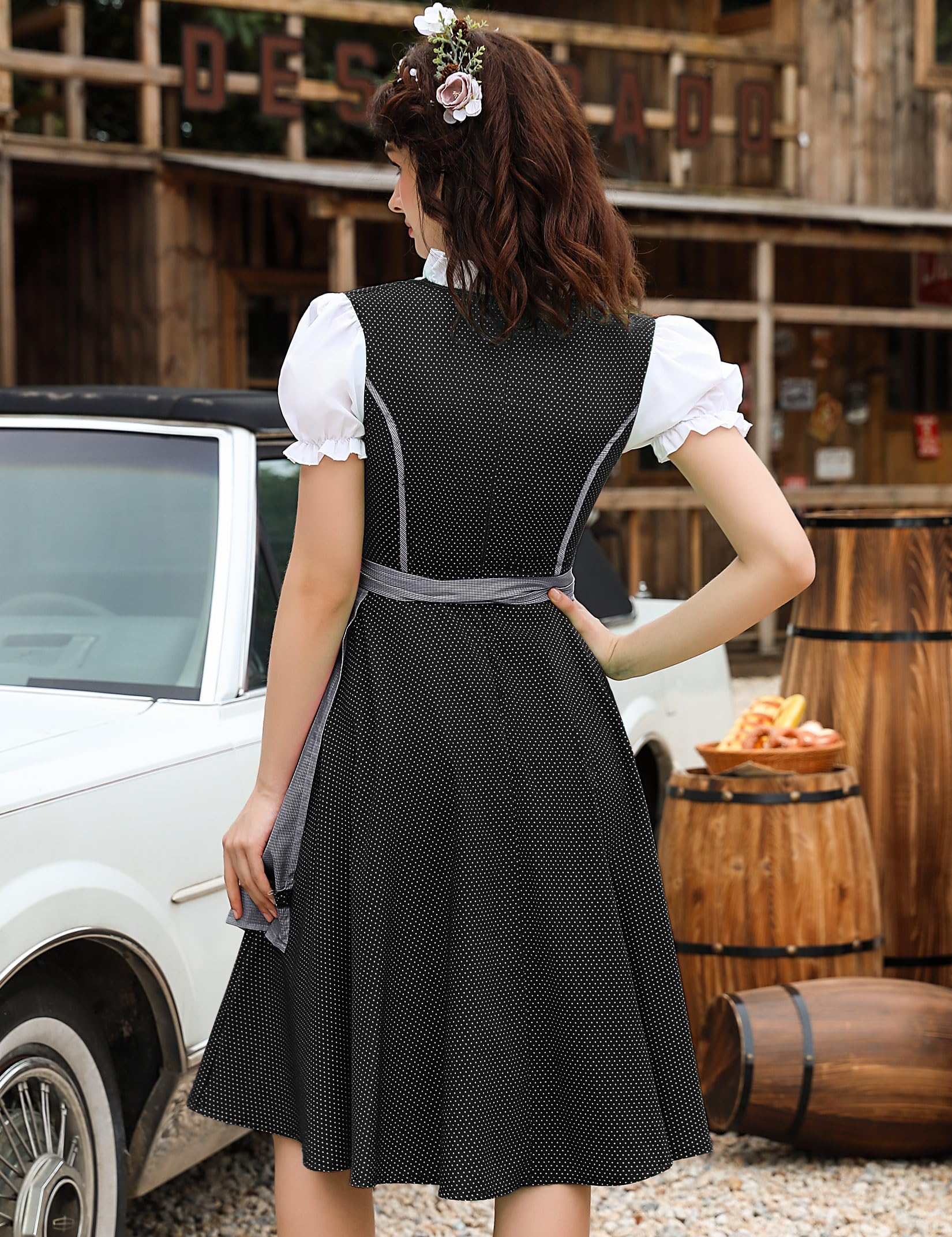 Abito tradizionale midi da donna Garvee Dirndl, nero, taglia 38, per l'Oktoberfest, in cotone floreale, scollo a V, bottoni esclusivi