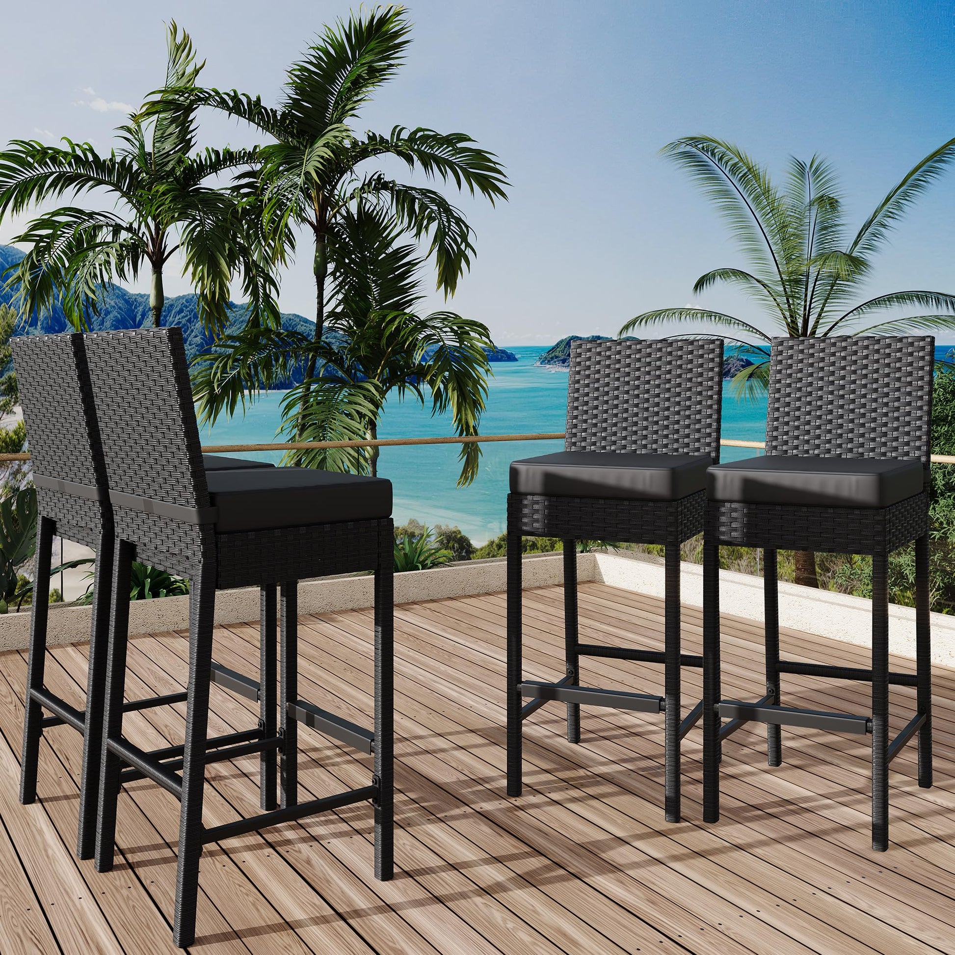 Set di 4 sgabelli da bar per esterni in vimini Garvee - Ergonomici e robusti - Struttura in rattan PE e acciaio - Per giardino e patio - 16''x17,7''x40,7'' - Nero resistente alle intemperie