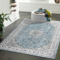 Tappeto orientale vintage GARVEE 160x230cm | Antiscivolo, resistente all'acqua e alle macchie con pelo basso | Tappeto classico per soggiorno in azzurro