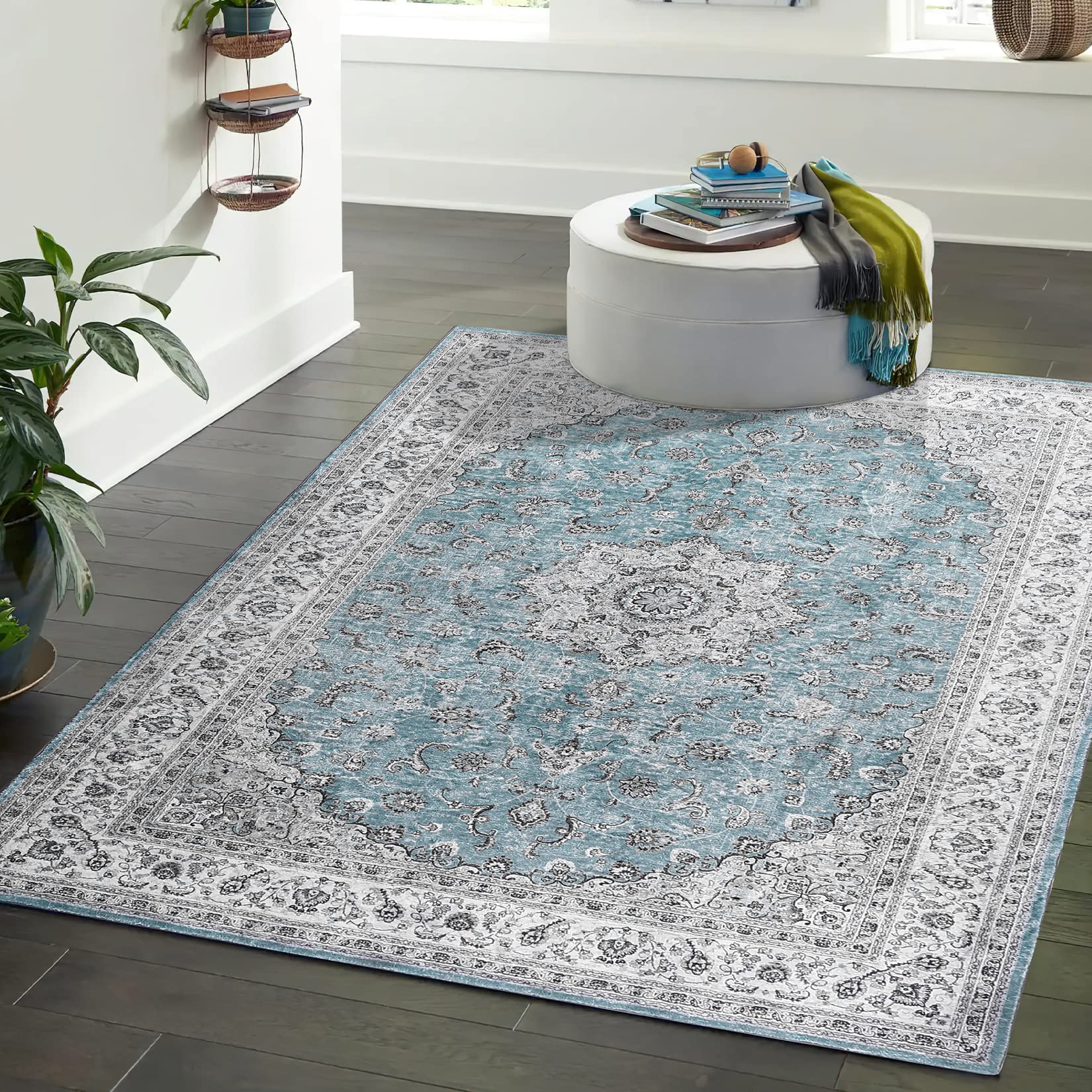 GARVEE Perzisch Vintage Tapijt 140x200 cm Blu Per soggiorno, camera da letto e cucina, Lavabile in lavatrice, Antimacchia, Antiscivolo