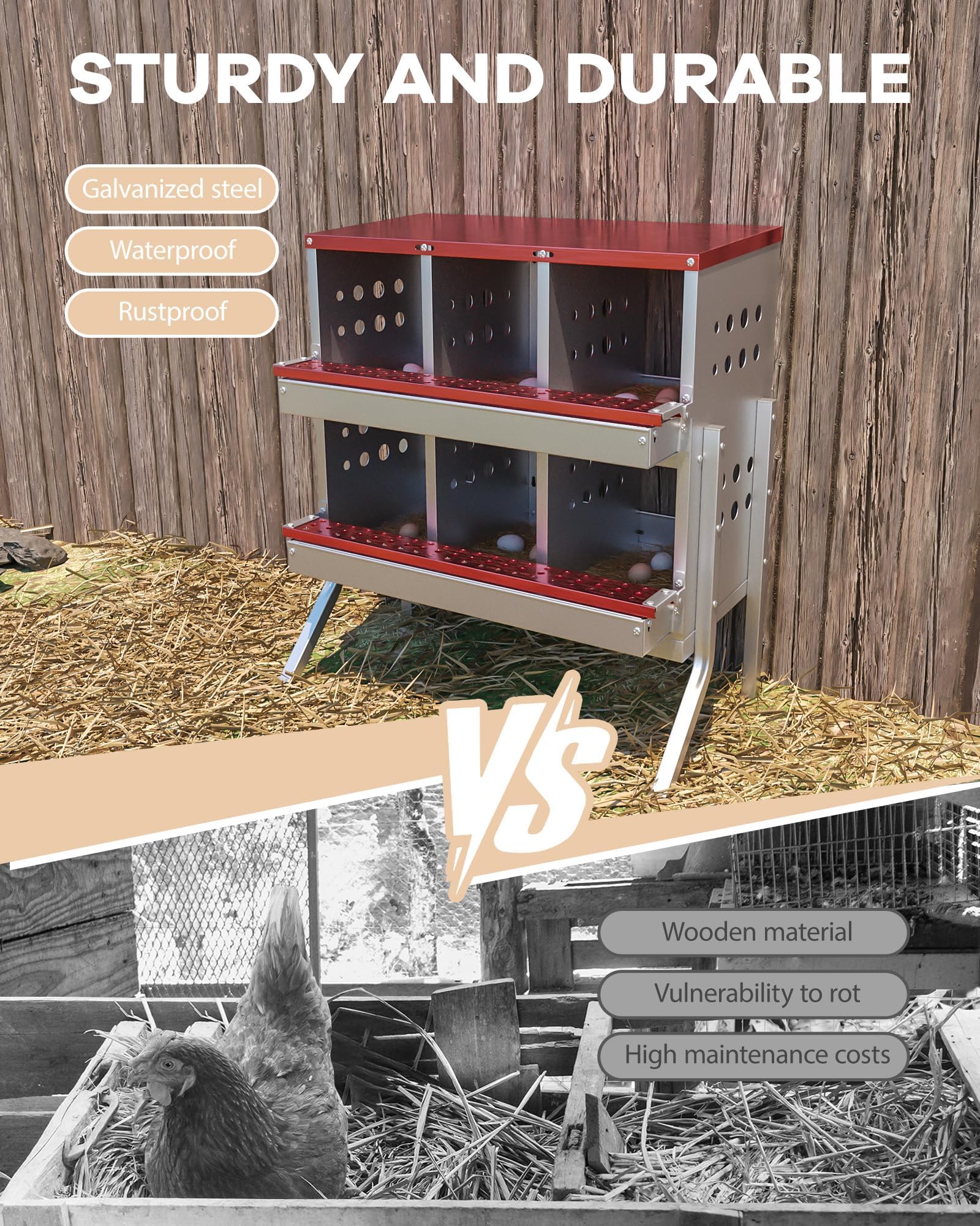 Nidi per galline Garvee, 6 scomparti, in metallo, impermeabili, antiruggine, con ventilazione, trespolo e vassoio portauova mobile per piccoli giardini