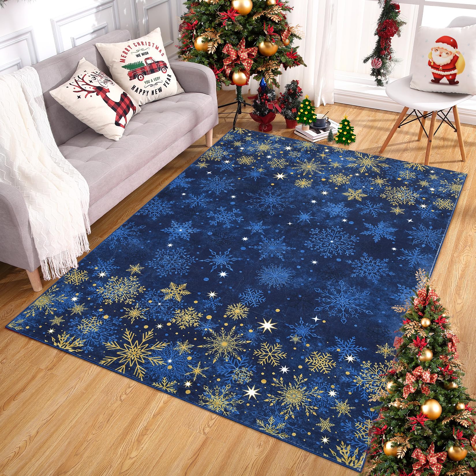 Tappeto per soggiorno Garvee, tappeto natalizio blu 160x230 cm, lavabile, morbido, motivo a fiocco di neve, per camera da letto, cucina, sala da pranzo, ufficio, decorazione natalizia