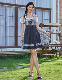 Abito tradizionale Dirndl da donna Garvee, corto con ricami, tre pezzi, Oktoberfest, blu scuro con fiori, taglia 36