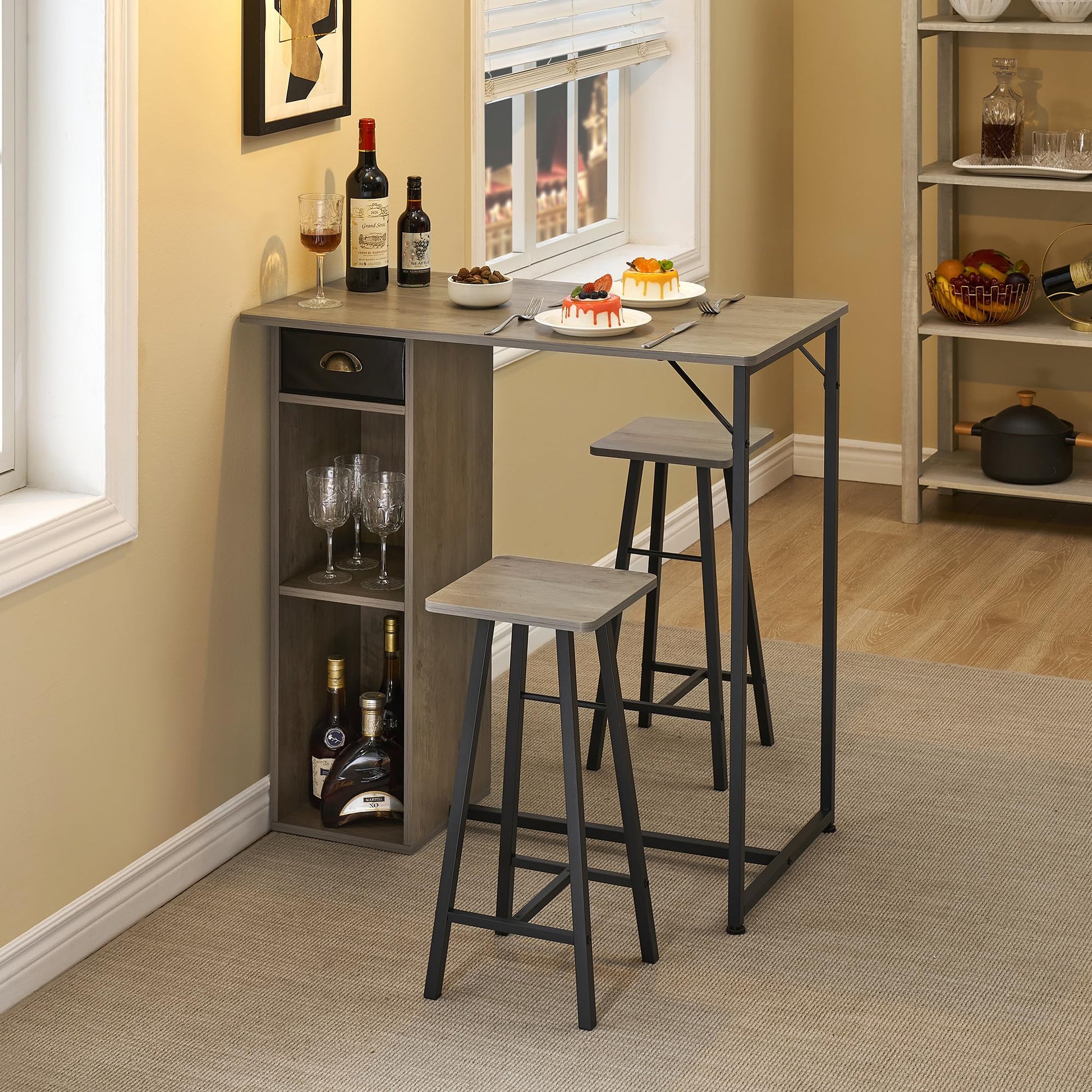 Set tavolo e sedie da bar rustico Garvee, 3 pezzi con contenitore, cuscini ergonomici, struttura in metallo per appartamento e bar, compatto, impermeabile