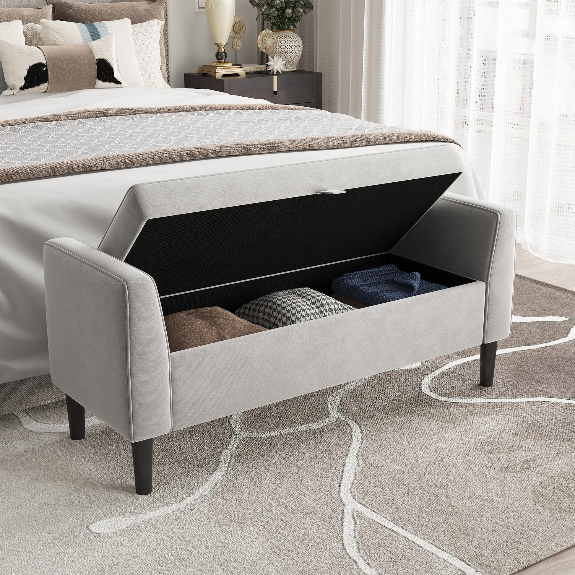 Panca ottomana Garvee con contenitore, imbottita, design capitonné, cerniere in ottone robusto, versatile per camera da letto e corridoio, beige e verde