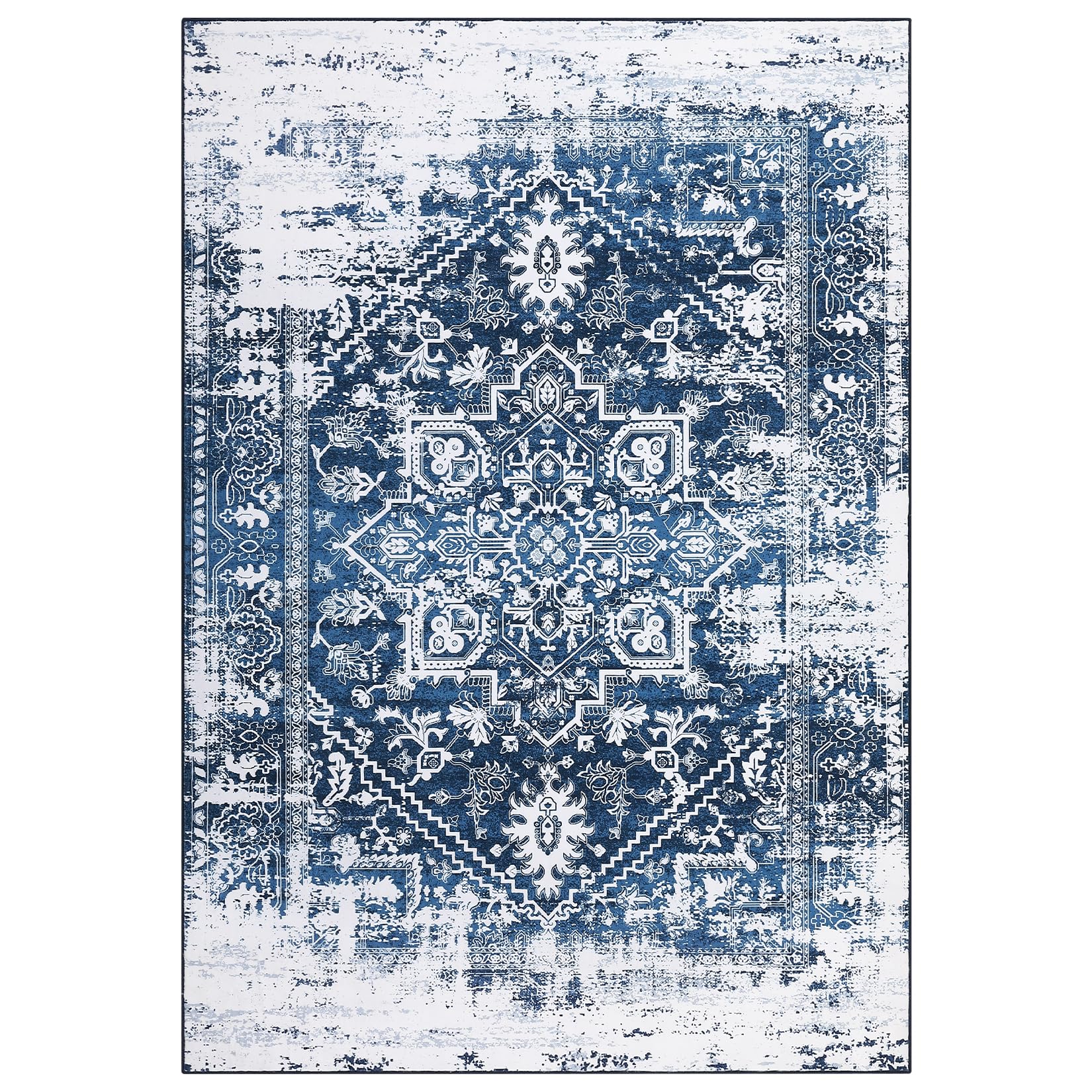 Garvee Tappeto Retro Gradient 120x170 cm Blu Medaglione Neve Orientale, Lavabile, Antiscivolo, Poliestere, Basso Pelo, Per Soggiorno e Camera