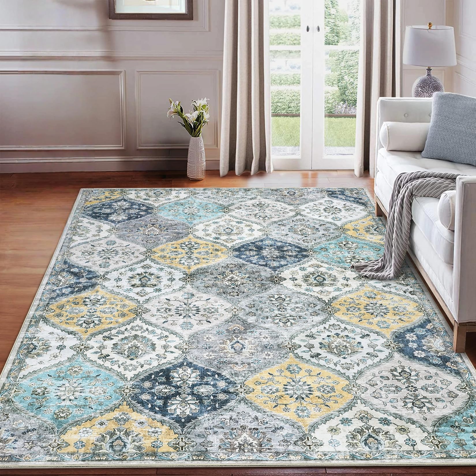 Tappeti vintage lavabili Garvee 120x170cm, pieghevoli, a pelo corto, per interni, soggiorno, blu e giallo