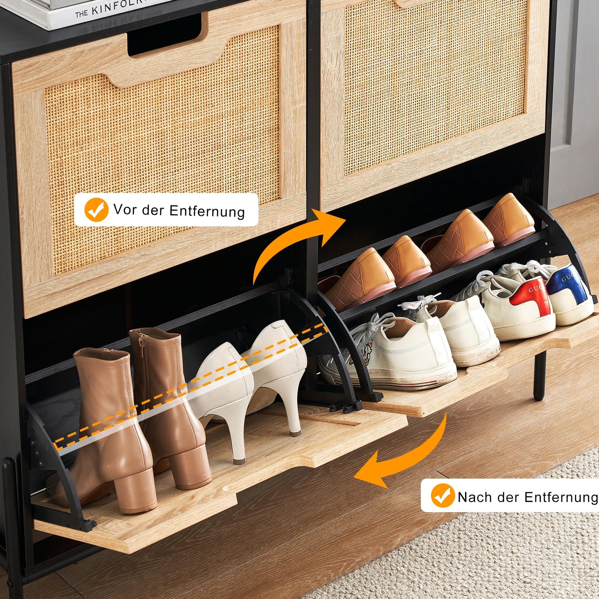 Scarpiera Garvee in rattan, stretta, con 4 ante e 8 ripiani regolabili per corridoio e ingresso, 100x24x88 cm, nero, bianco, legno