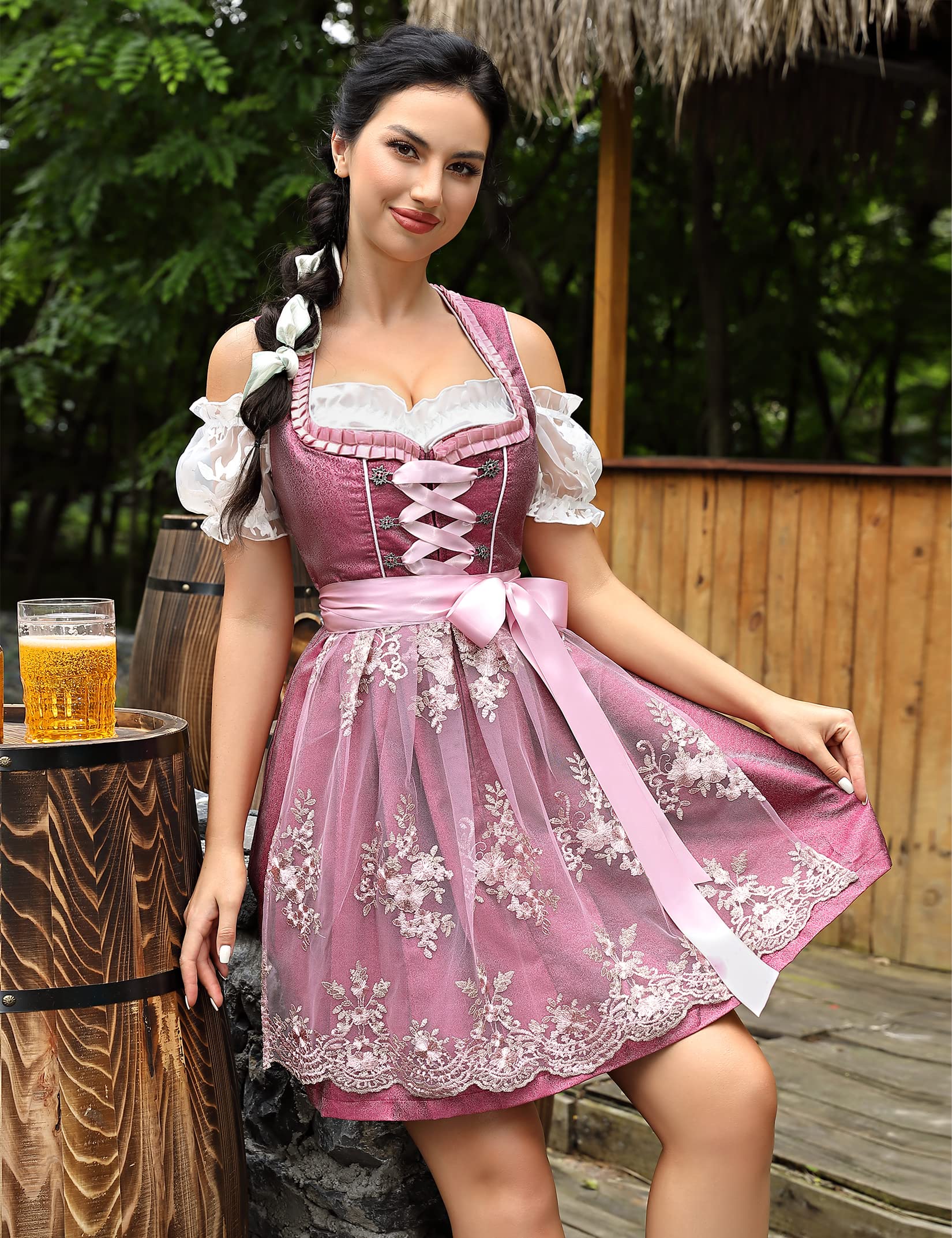 Garvee Dirndl da donna, abito tradizionale corto, 3 pezzi, Dirndl midi per l'Oktoberfest, colore A-Rosso vino, taglie 34-48