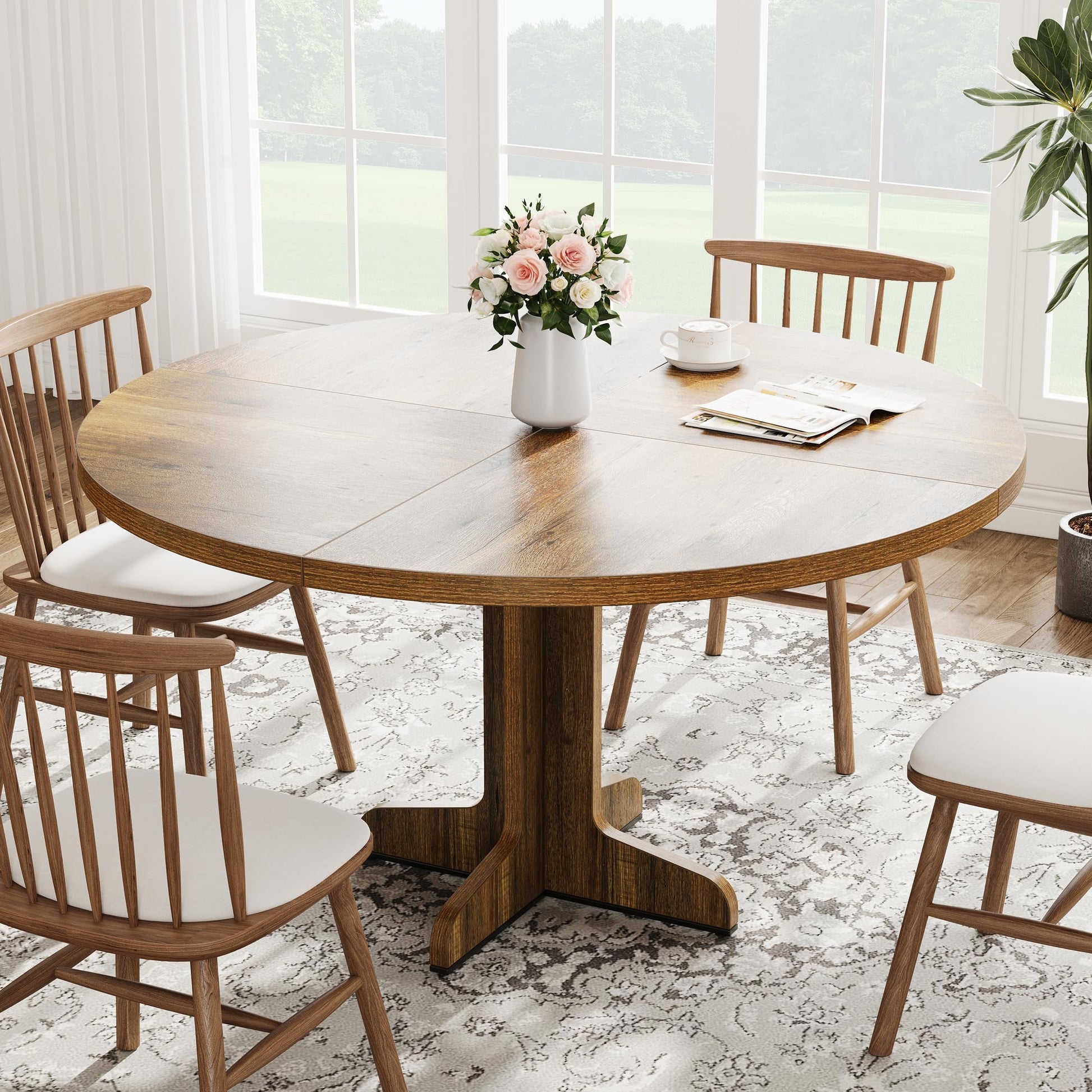 Tavolo da pranzo rotondo Garvee da 47" per 4 persone con robusta struttura in metallo e piano in MDF, design rustico per cucina e soggiorno, marrone