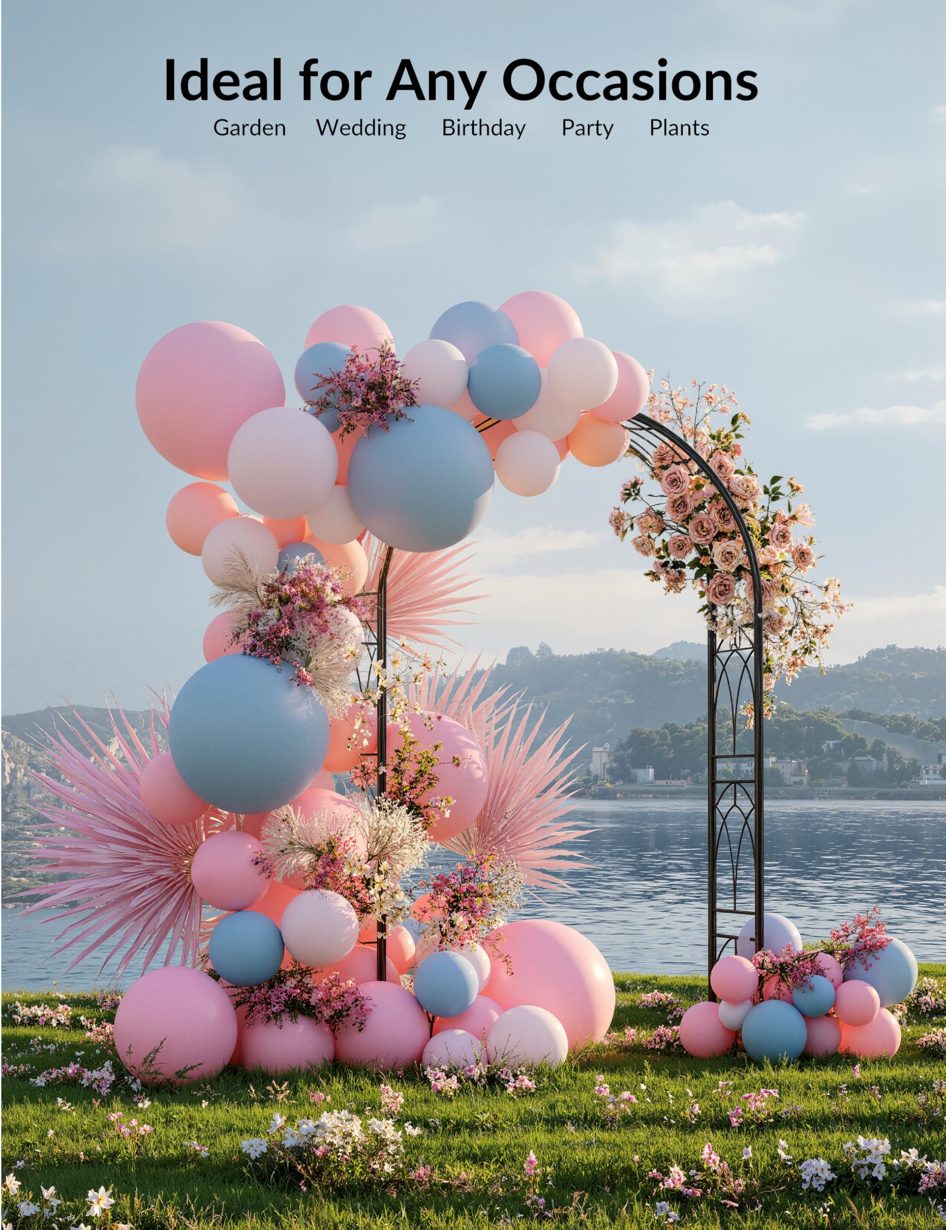 Arco da giardino Garvee da 8 piedi in acciaio, verniciato a polvere, resistente a tutte le intemperie, con picchetti per giardino e matrimoni, larghezza 150 cm, altezza 240 cm, nero