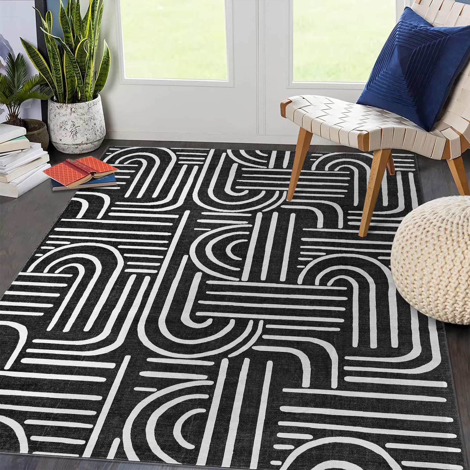 Tappeto Garvee per camera da letto 160x230 lavabile antiscivolo a pelo corto nero per soggiorno e sala da pranzo