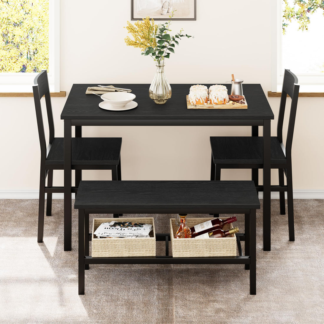 Set da pranzo Garvee per 4 persone con panca e sedie, salvaspazio, con contenitore, MDF e acciaio, robusto, nero, piccoli appartamenti