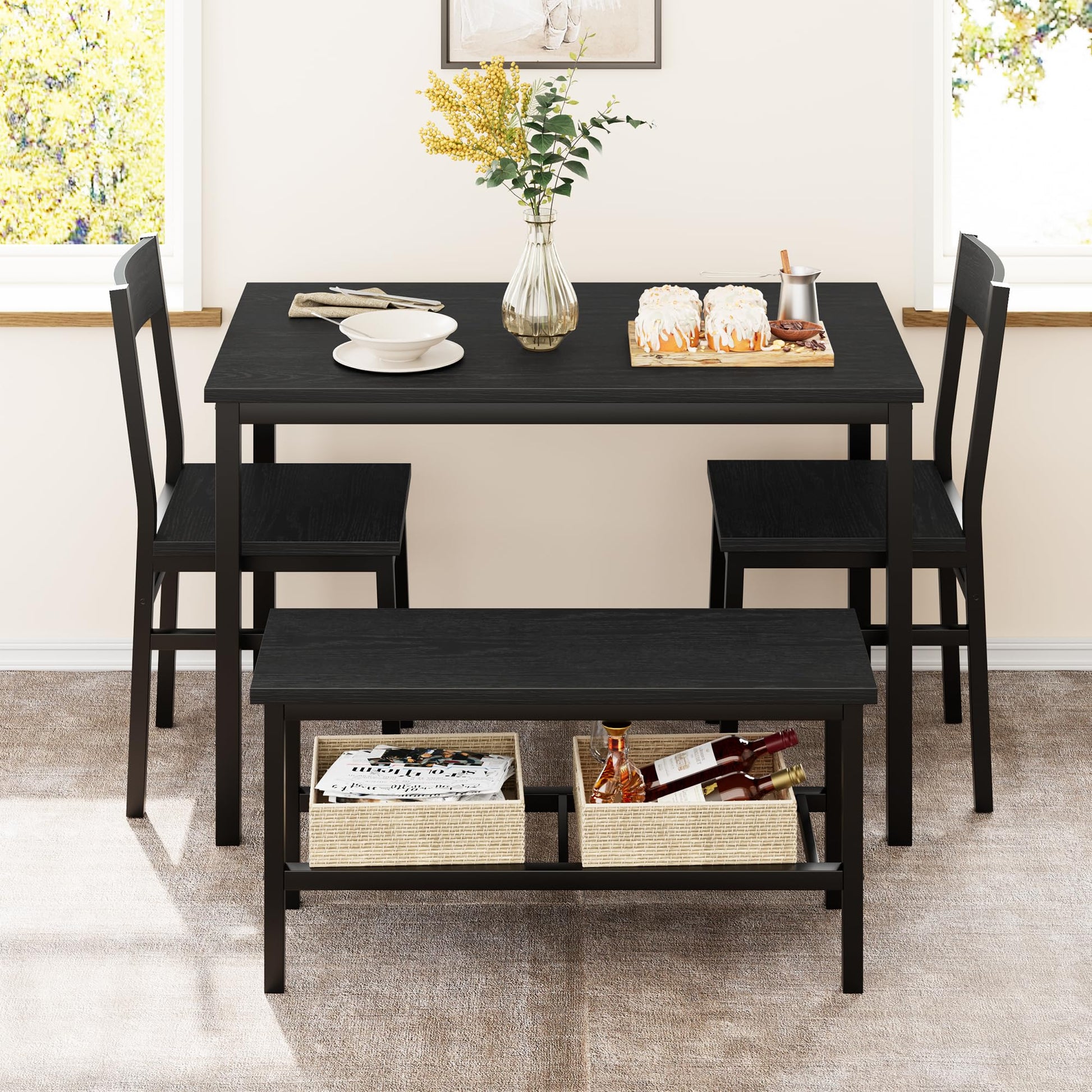 Set da pranzo Garvee per 4 persone con panca e sedie, salvaspazio, con contenitore, MDF e acciaio, robusto, nero, piccoli appartamenti