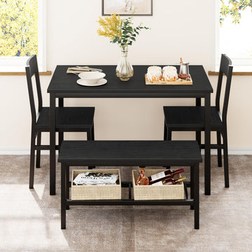 Set da pranzo Garvee per 4 persone con panca e sedie, salvaspazio, con contenitore, MDF e acciaio, robusto, nero, piccoli appartamenti