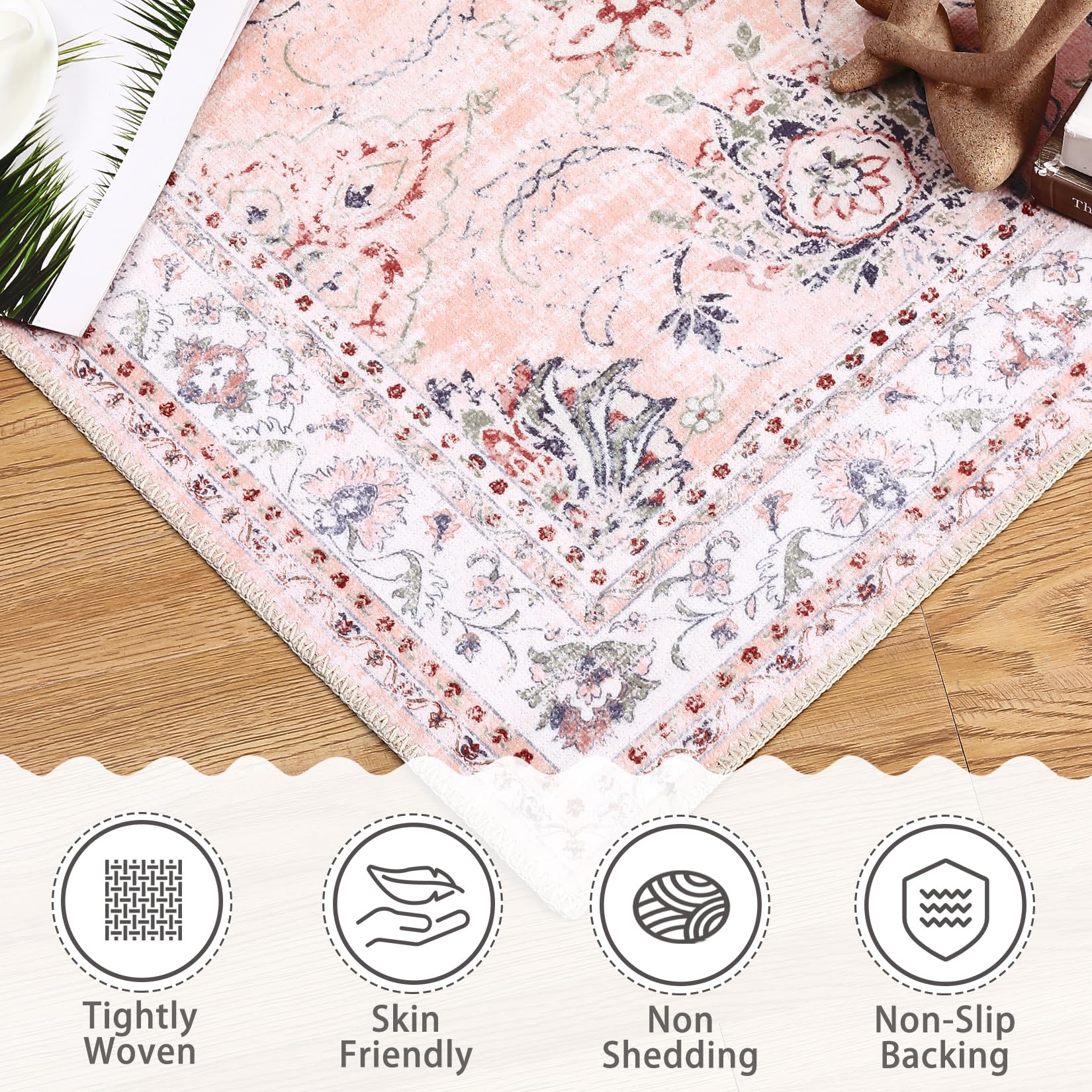 Tappeto Garvee per interni ed esterni, lavabile, vintage, antiscivolo, resistente all'acqua e alle macchie, per soggiorno, camera da letto, casa e ufficio, 140x200 cm, rosa