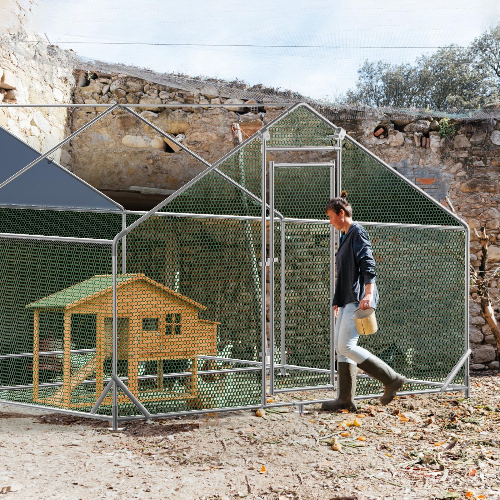 Pollaio in metallo Garvee Large 3 x 6 x 1.95 m – Tre scomparti, struttura in tubo di acciaio triplo rinforzato per giardino e fattoria