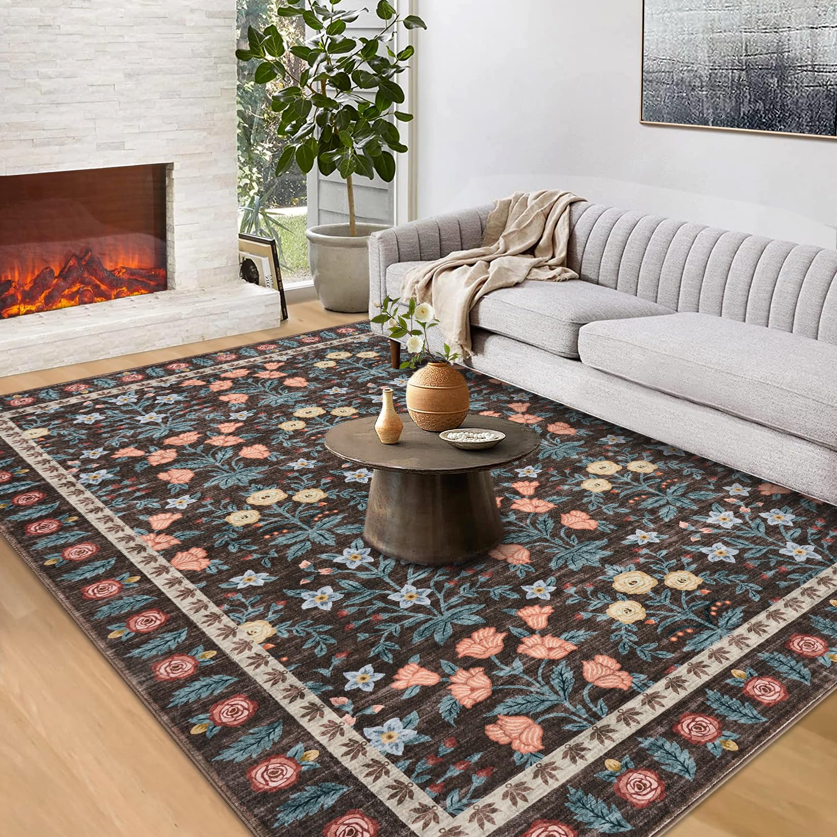 Tappeto decorativo Garvee per interni Boho, antiscivolo, piatto per soggiorno, cameretta dei bambini, 120x170 cm, motivo floreale nero