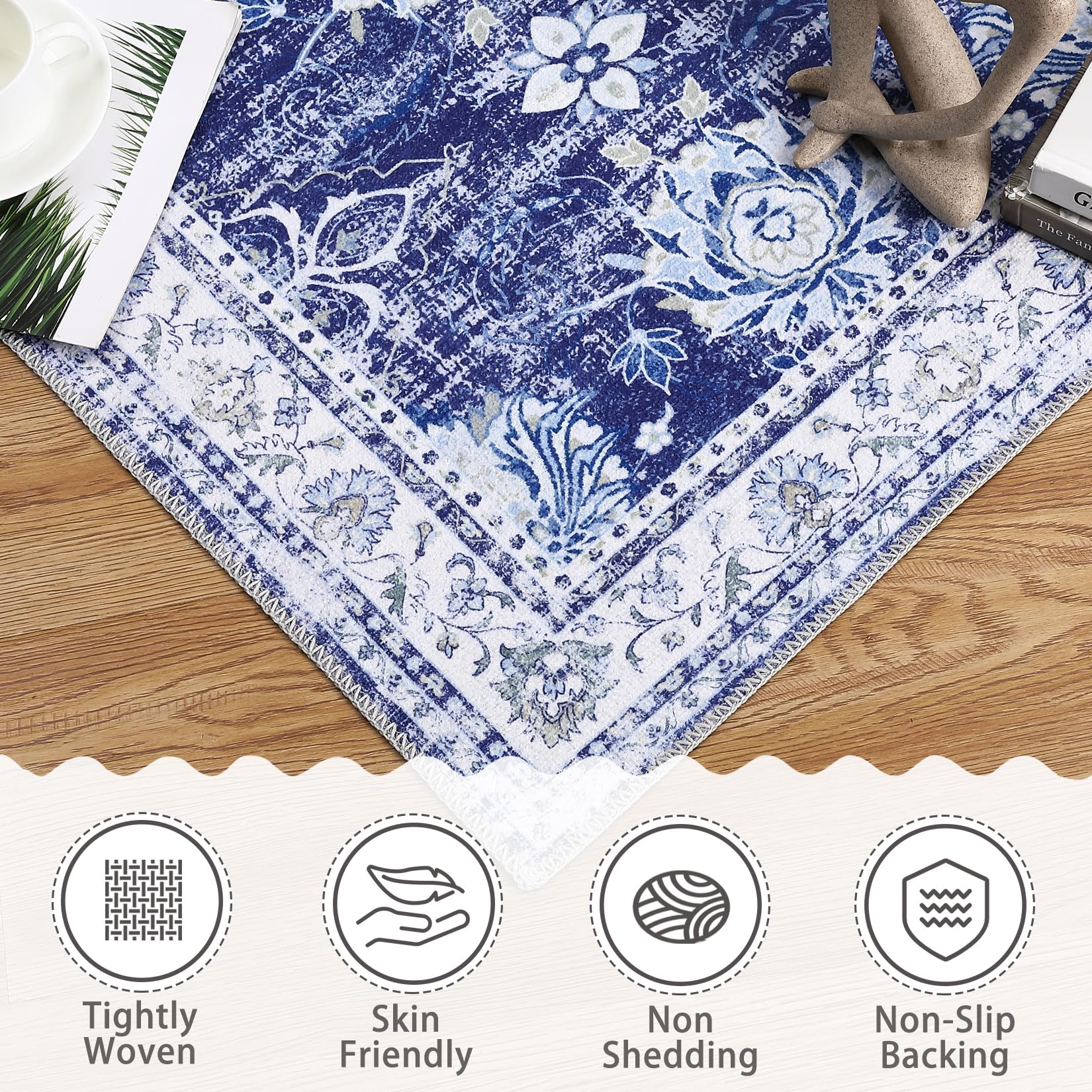 Tappeto orientale Garvee, design vintage, 80x150 cm, blu navy, antiscivolo, a pelo corto, resistente alle macchie, per soggiorno, camera da letto, cucina
