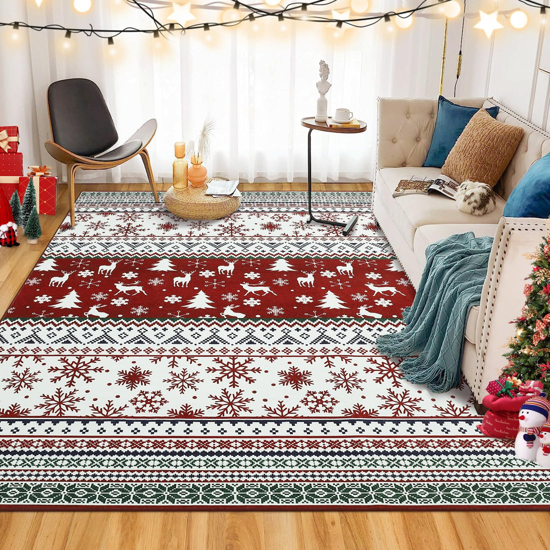 Tappeto per soggiorno Garvee, grande, decorazione natalizia, 200x290 cm, rosso-verde, alce, lavabile, antiscivolo, morbido, a pelo corto