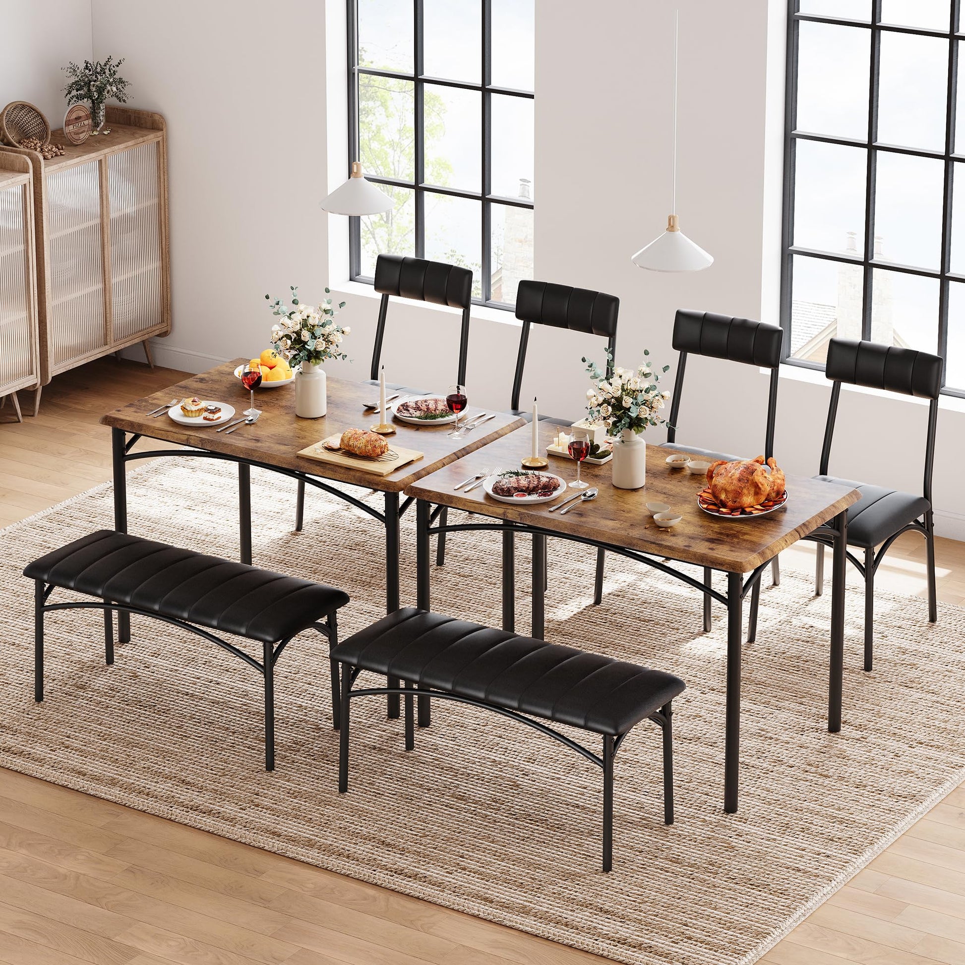 Set da pranzo Garvee per 4 persone con panca e sedie imbottite, robusto, salvaspazio, marrone, ideale per stanze piccole