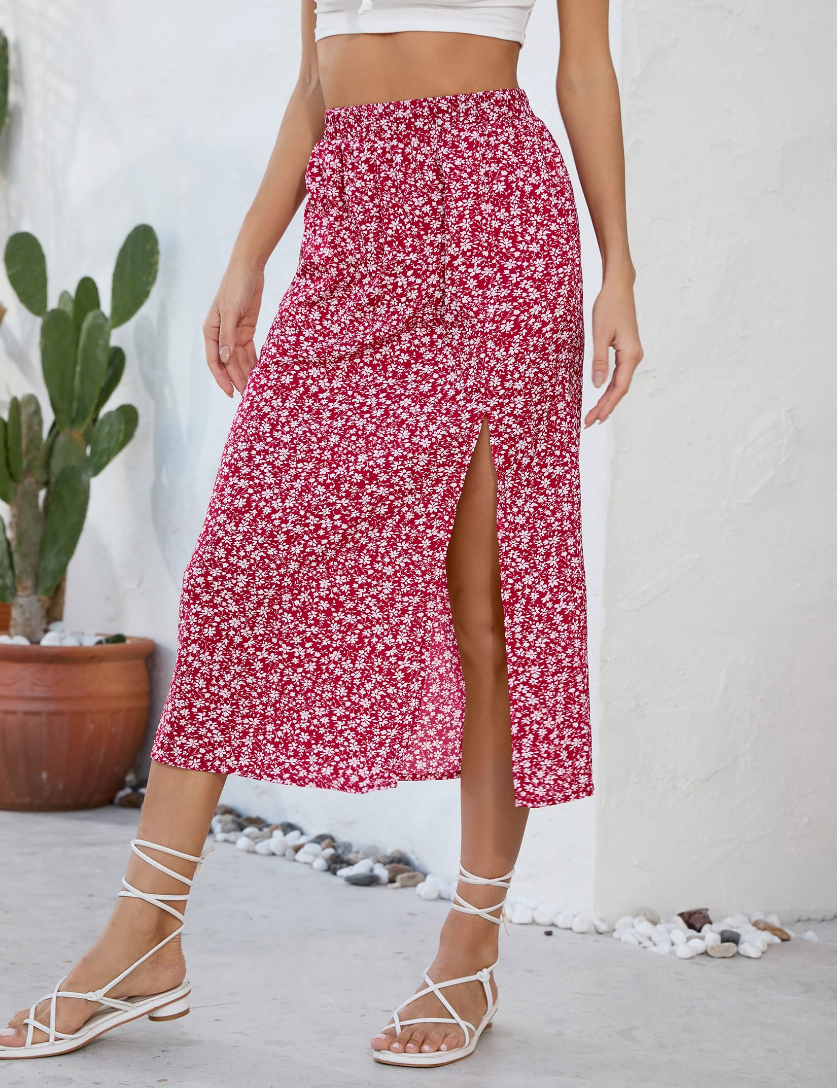 Garvee Gonna Donna A-Line con Spacco Floreale Boho Midi Alta Vita Stampata Casual Spiaggia Festa Lavoro Rosso A-Blumen L