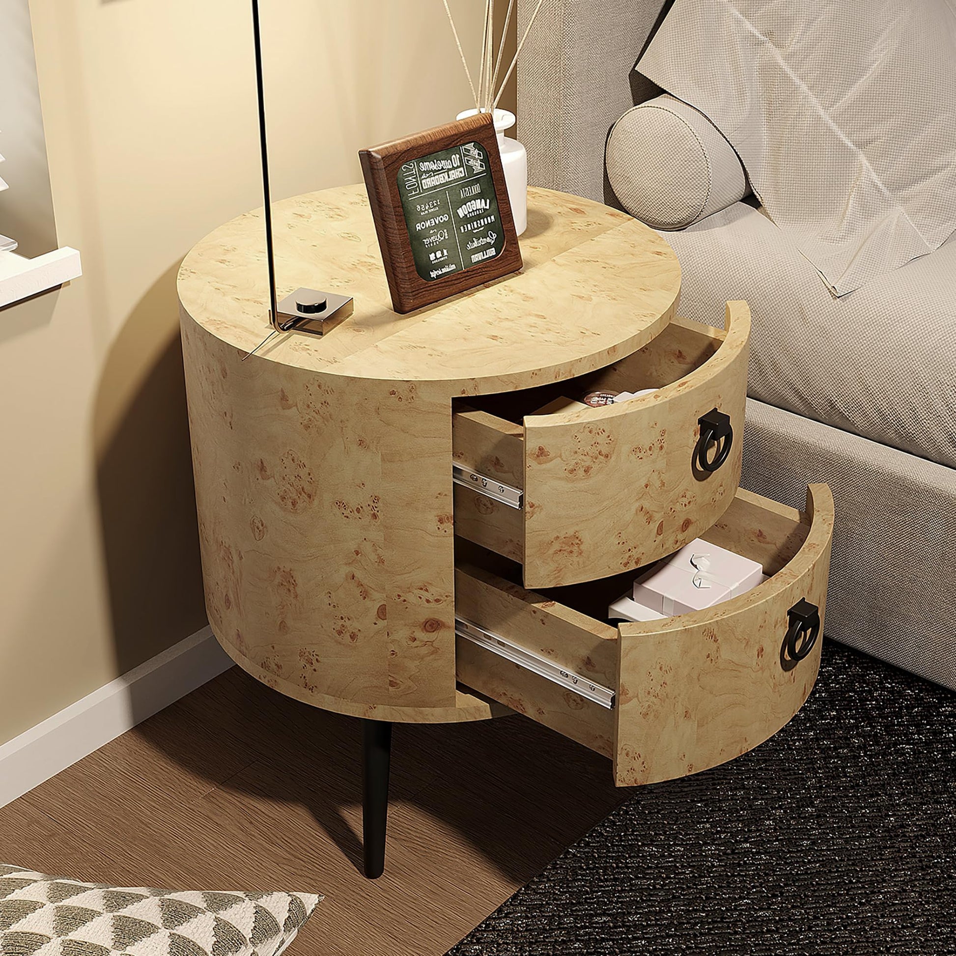 Tavolino rotondo Garvee con cassetti, gambe in legno e metallo, per soggiorno e camera da letto, 18,5" rotondo, legno naturale