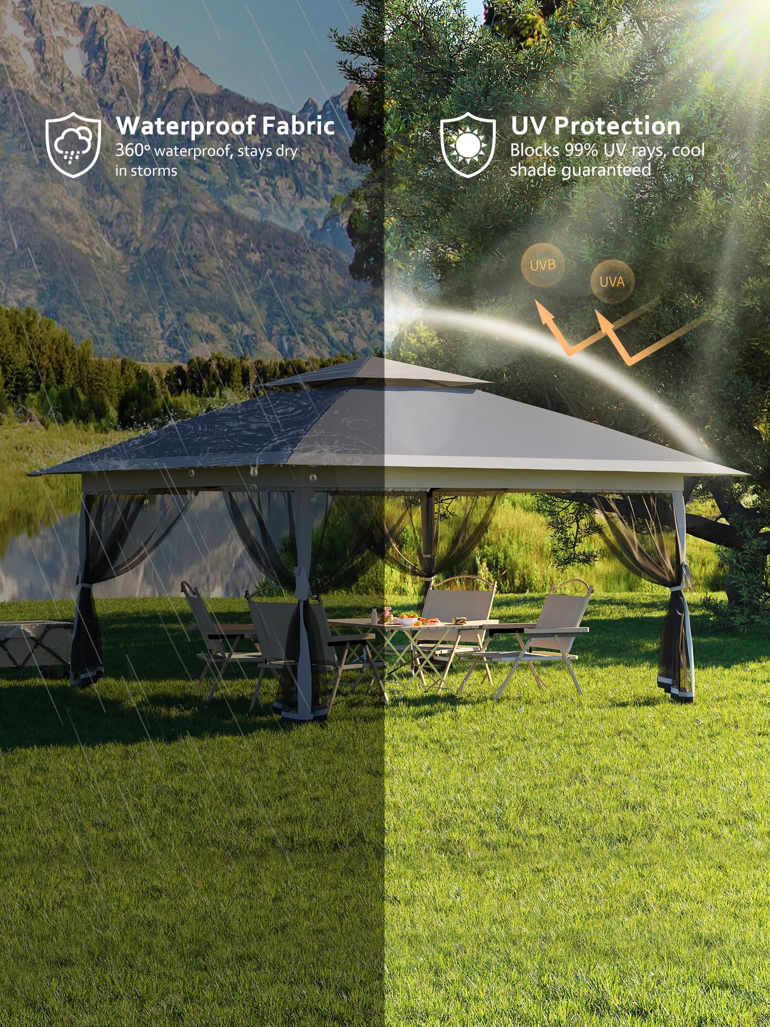 Gazebo pieghevole Garvee 13x13FT con zanzariera, struttura in acciaio robusto, giardino e patio, argento