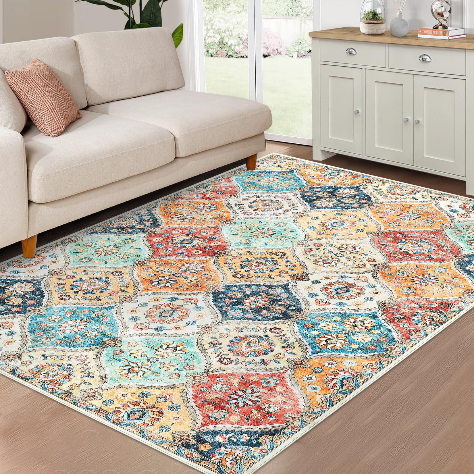 Tappeto da corridoio Garvee 120 x 170 cm, lavabile, motivo floreale vintage, per camera da letto e cucina, antiscivolo