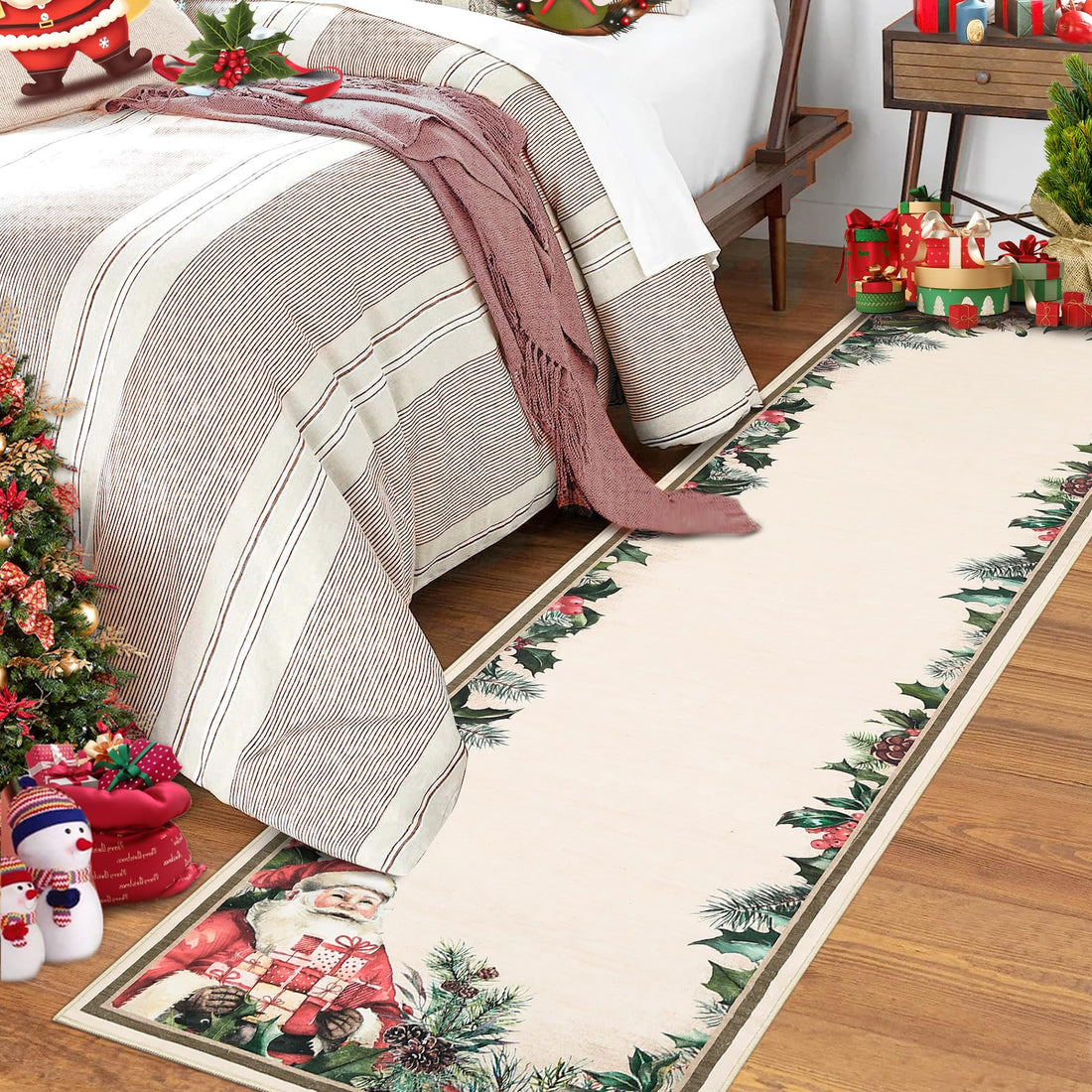 Tappeto natalizio Garvee 60x180 cm a pelo corto, lavabile, antiscivolo, per soggiorno, camera da letto, corridoio, decorazione natalizia, rosso e verde