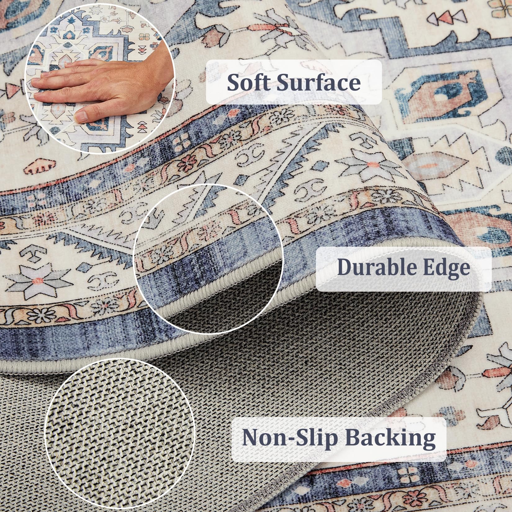 Tappeto Garvee Vintage Boho 120x170cm – Tappeto lavabile a pelo corto con supporto antiscivolo in TPR per soggiorno, camera da letto e ufficio