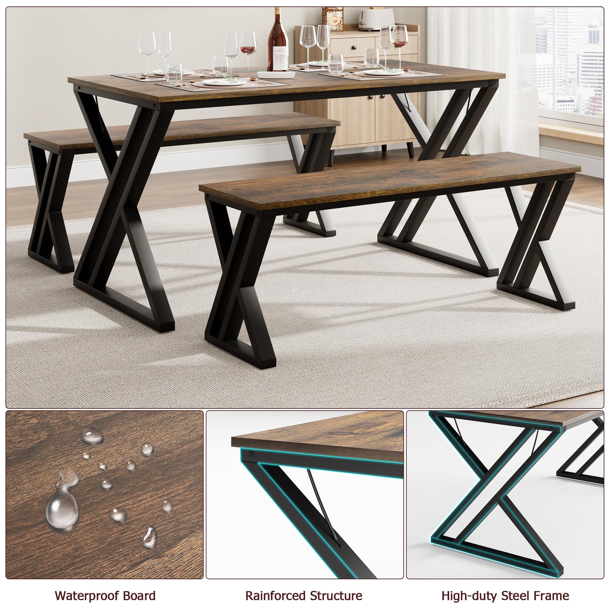 Tavolo da pranzo Garvee con 2 panche, struttura in metallo, legno MDF, antigraffio per cucina e sala da pranzo, salvaspazio, marrone
