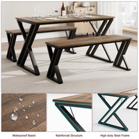 Tavolo da pranzo Garvee con 2 panche, struttura in metallo, legno MDF, antigraffio per cucina e sala da pranzo, salvaspazio, marrone